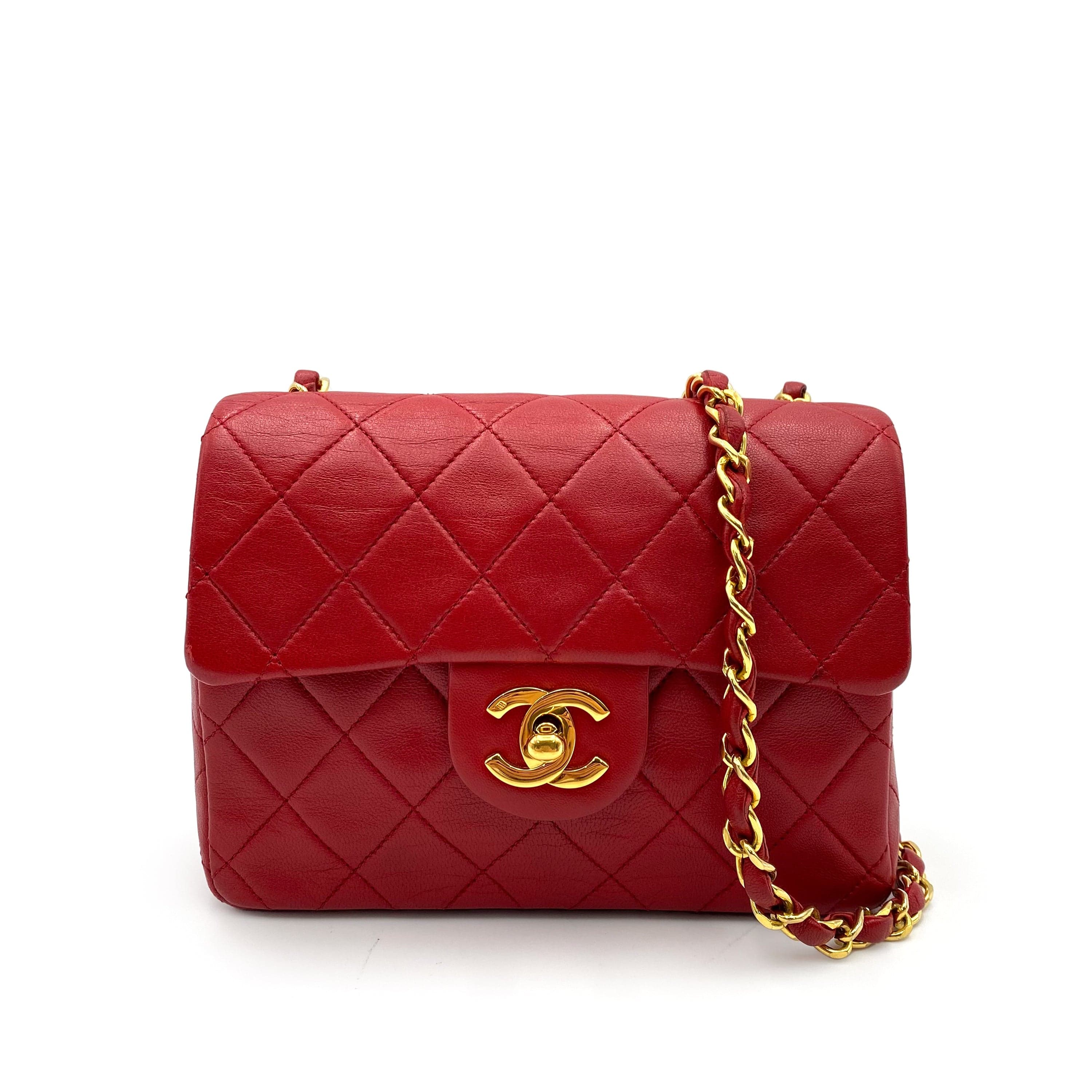 Chanel CHANEL VINTAGE MINI SQUARE 17 CHAIN SHOULDER BAG RED LAMB SKIN 90235916