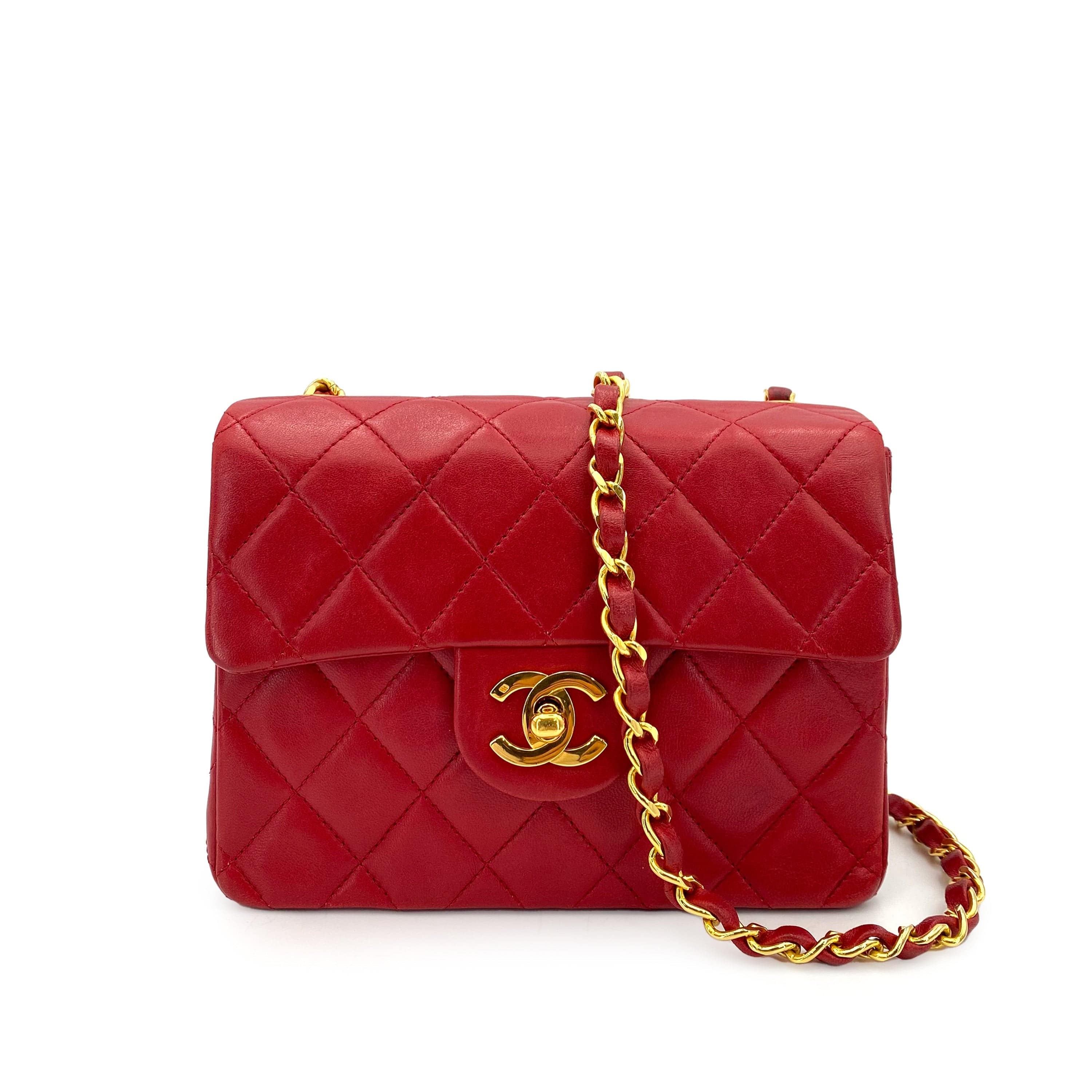 Chanel CHANEL VINTAGE MINI SQUARE 17 CHAIN SHOULDER BAG RED LAMB SKIN 90237380