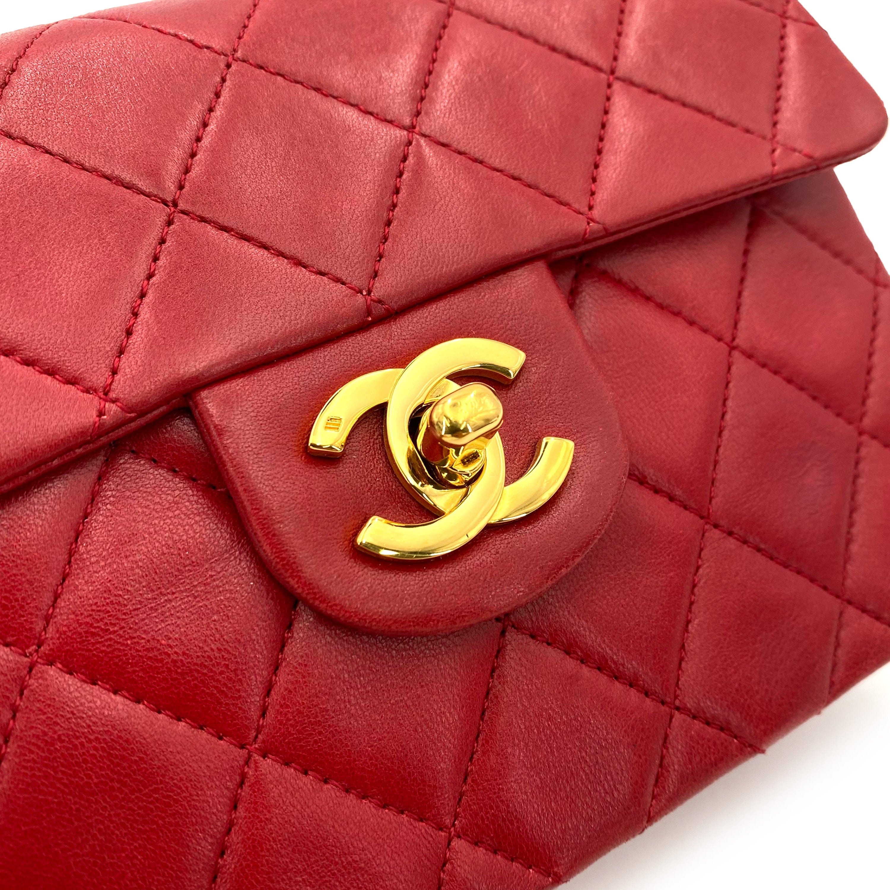 Chanel CHANEL VINTAGE MINI SQUARE 17 CHAIN SHOULDER BAG RED LAMB SKIN 90237380