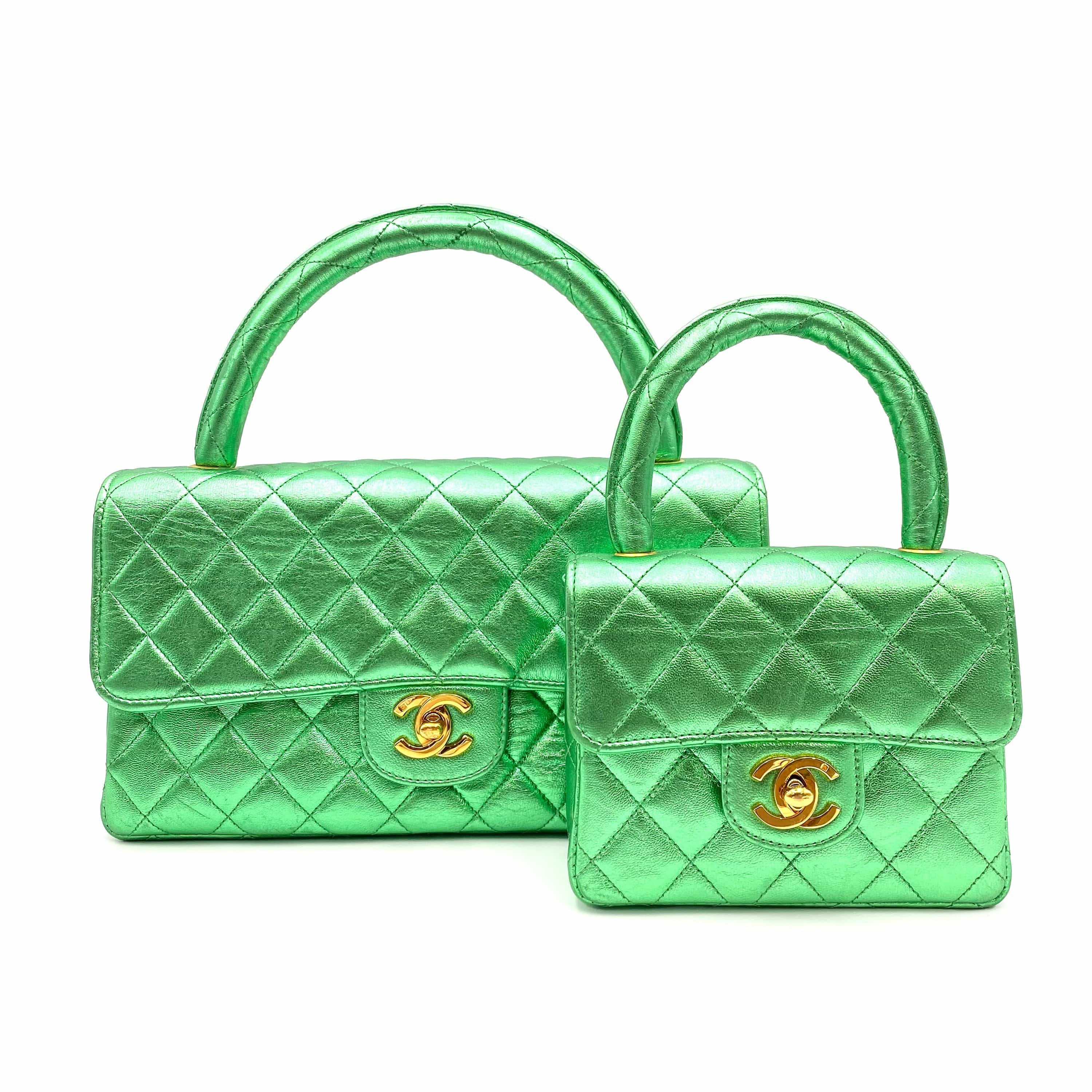 Chanel CHANEL VINTAGE PARENT-CHILD BAG METALLIC GREEN LAMB SKIN 90228454