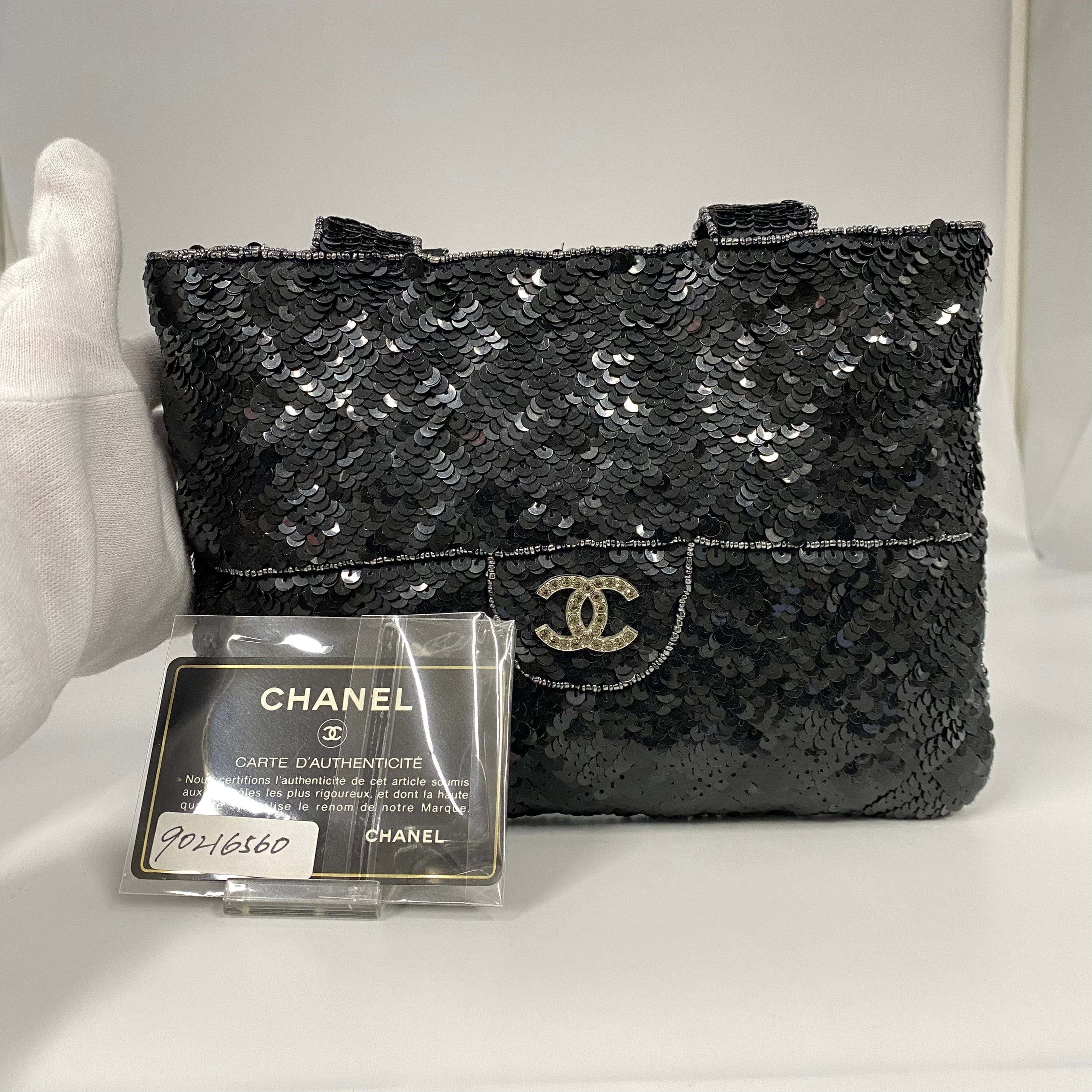 Chanel CHANEL VINTAGE RHINESTONE COCOMARK HAND TOTE BAG BLACK SEQUINS 90216560