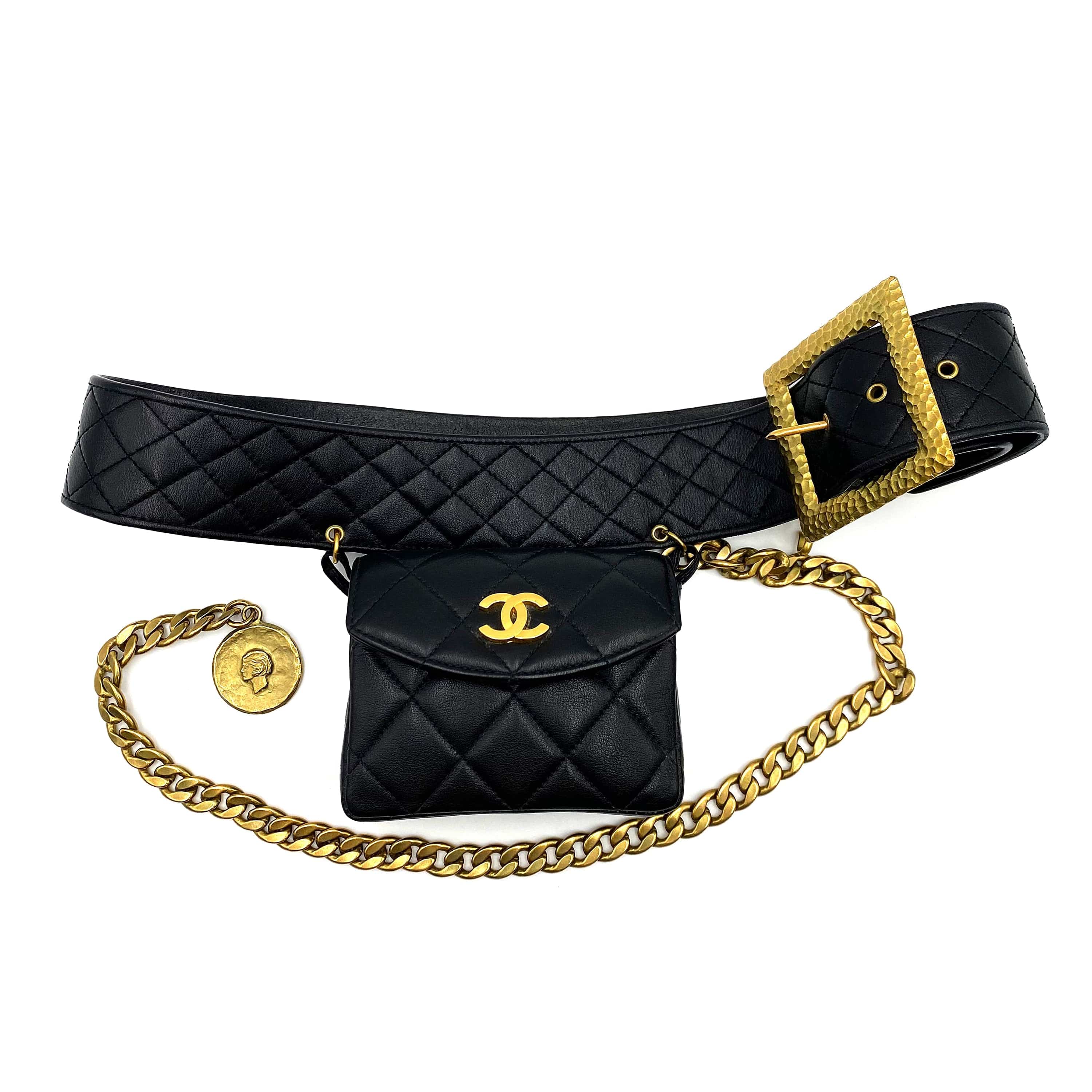 Chanel CHANEL VINTAGE WAIST BELT BAG BLACK LAMB SKIN 90225289
