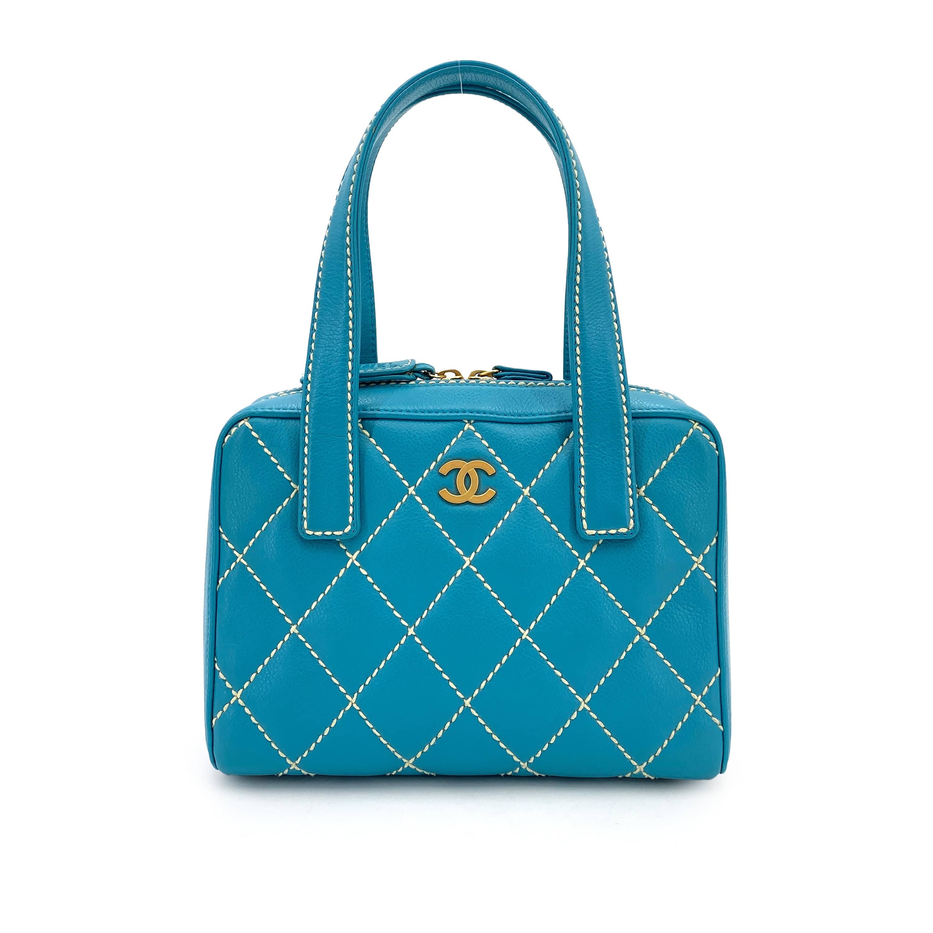 chanel CHANEL VINTAGE WILD STITCH HAND BAG BLUE LAMB SKIN 90249039