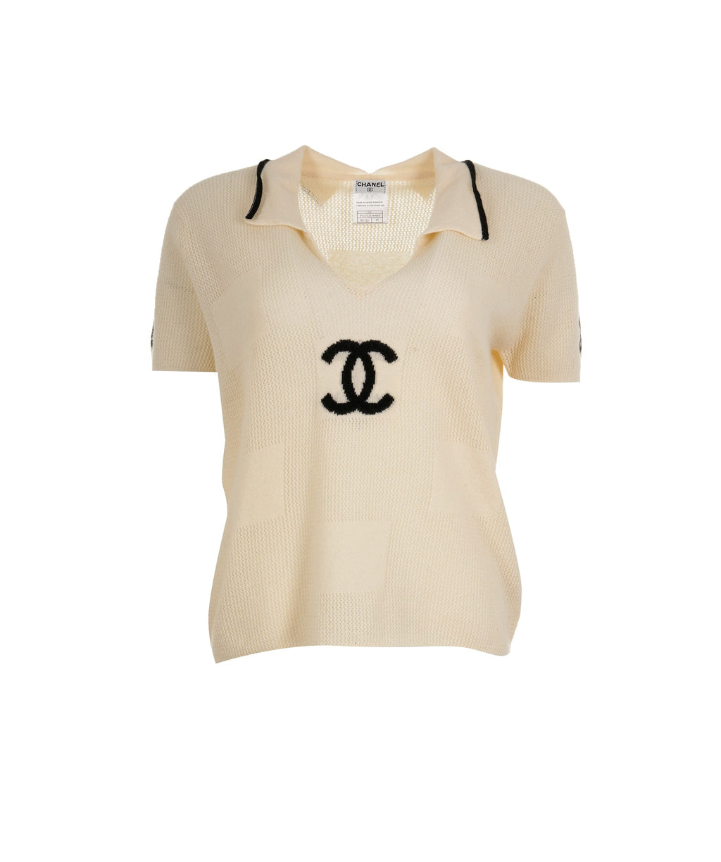 Chanel 01C #48 CC Logos Short Sleeve Knit Tops Black Ivory