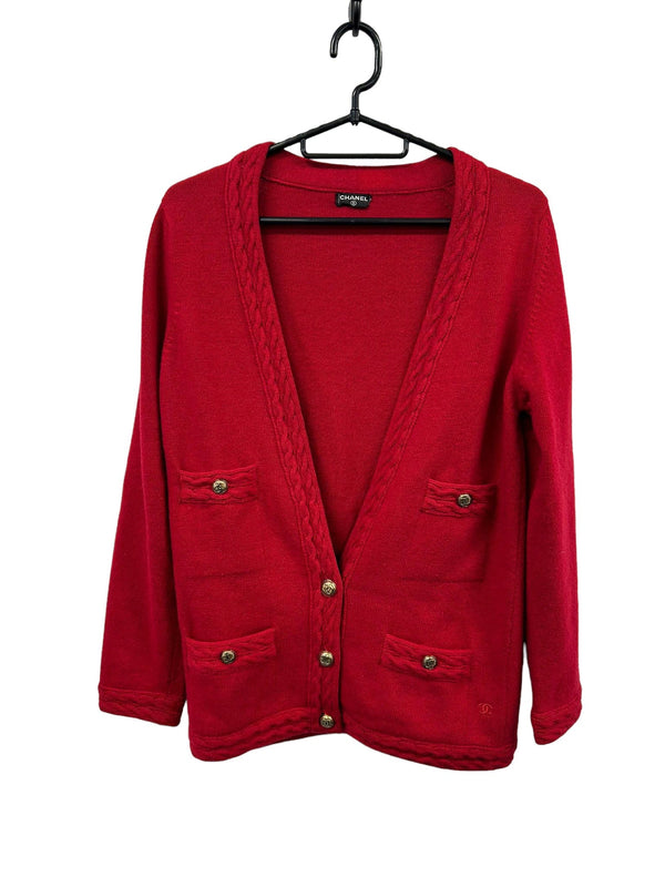 Chanel Chanel Cardigan Red Knit Gold CC Buttons SKC1522