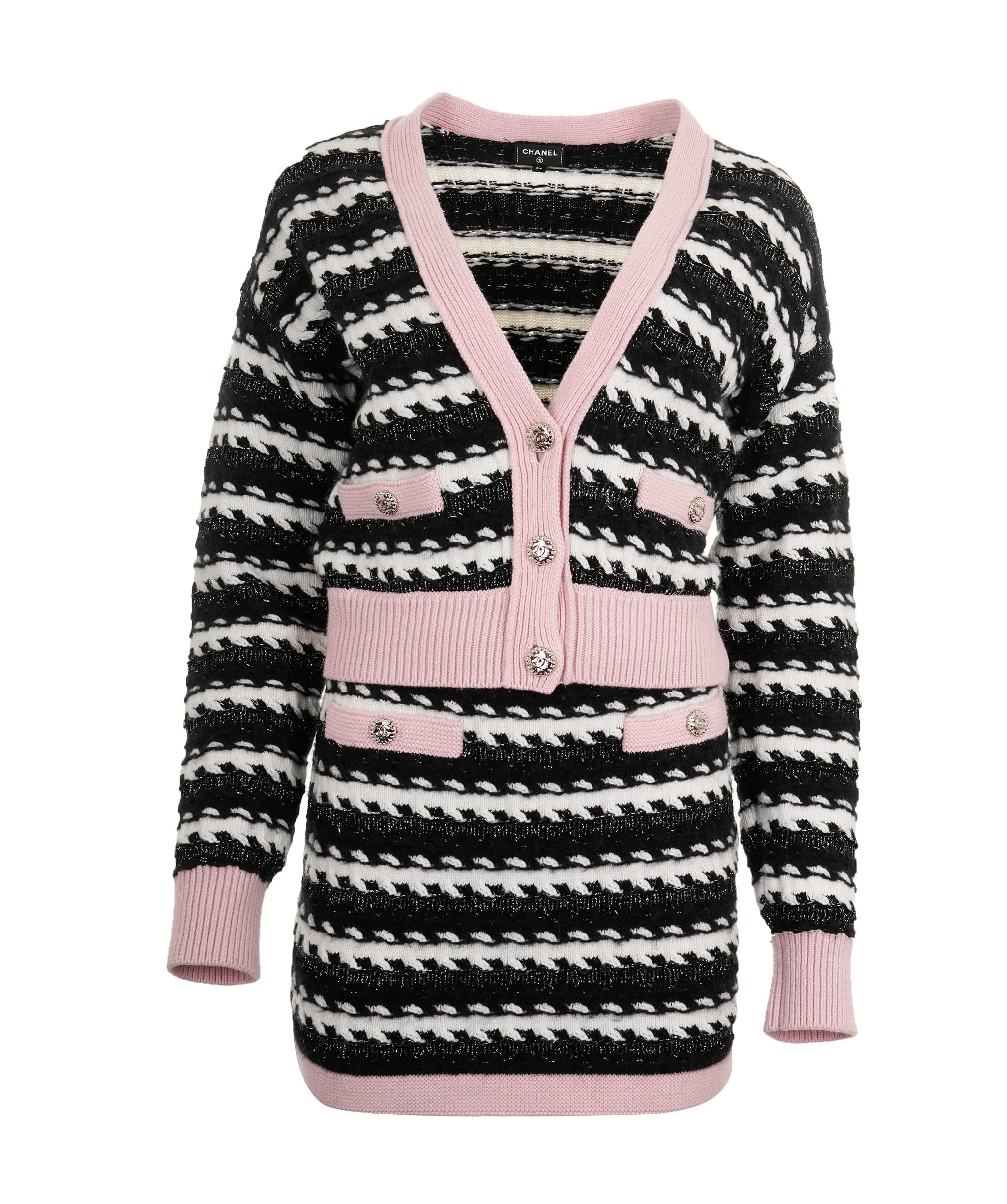 Chanel Chanel Cardigan + Skirt knitted black white pink A/H 2022 22B  AVC1851