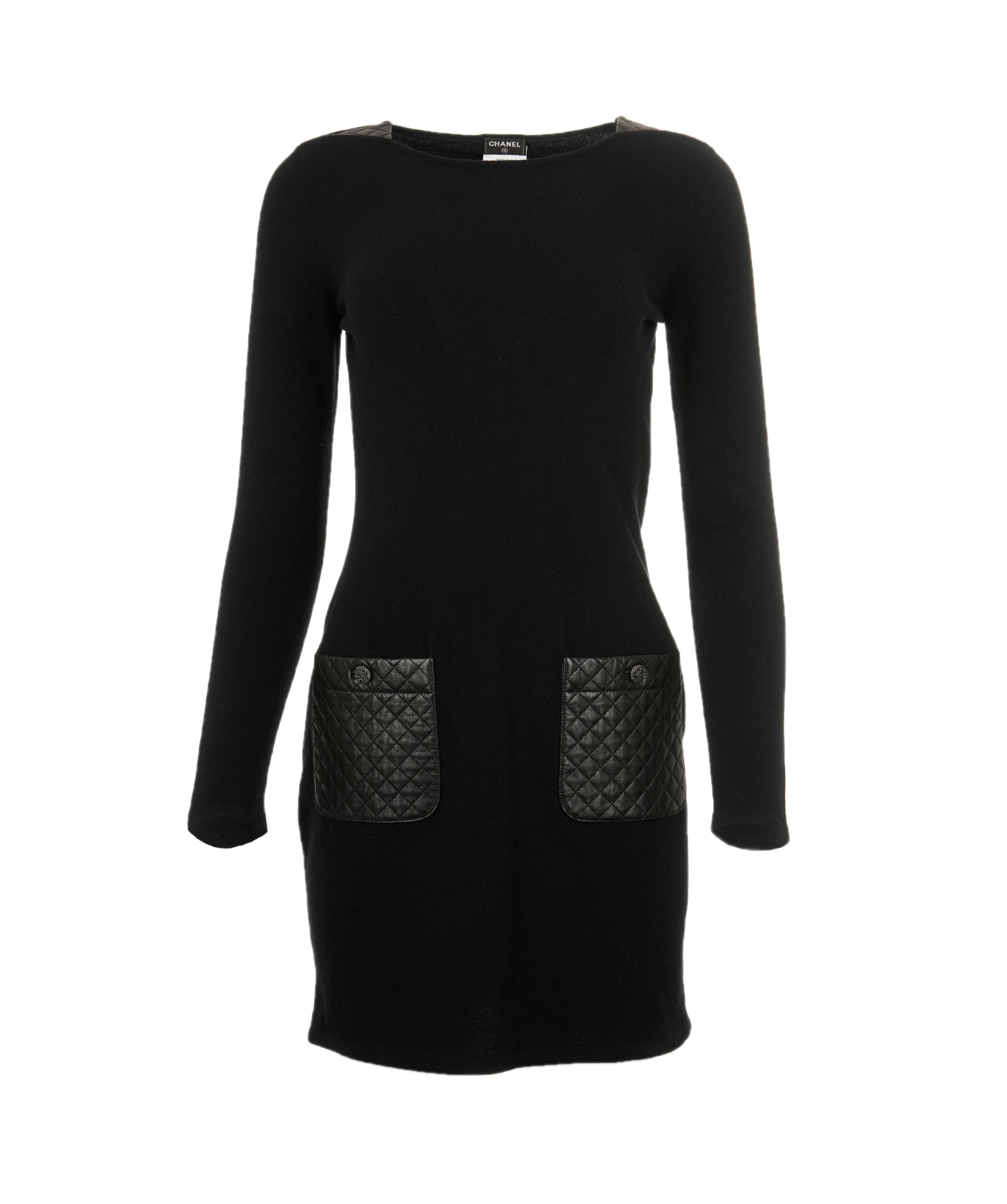 Chanel Chanel Dress knitted black with leather pockets FR36 P44396W05180 AVC1243