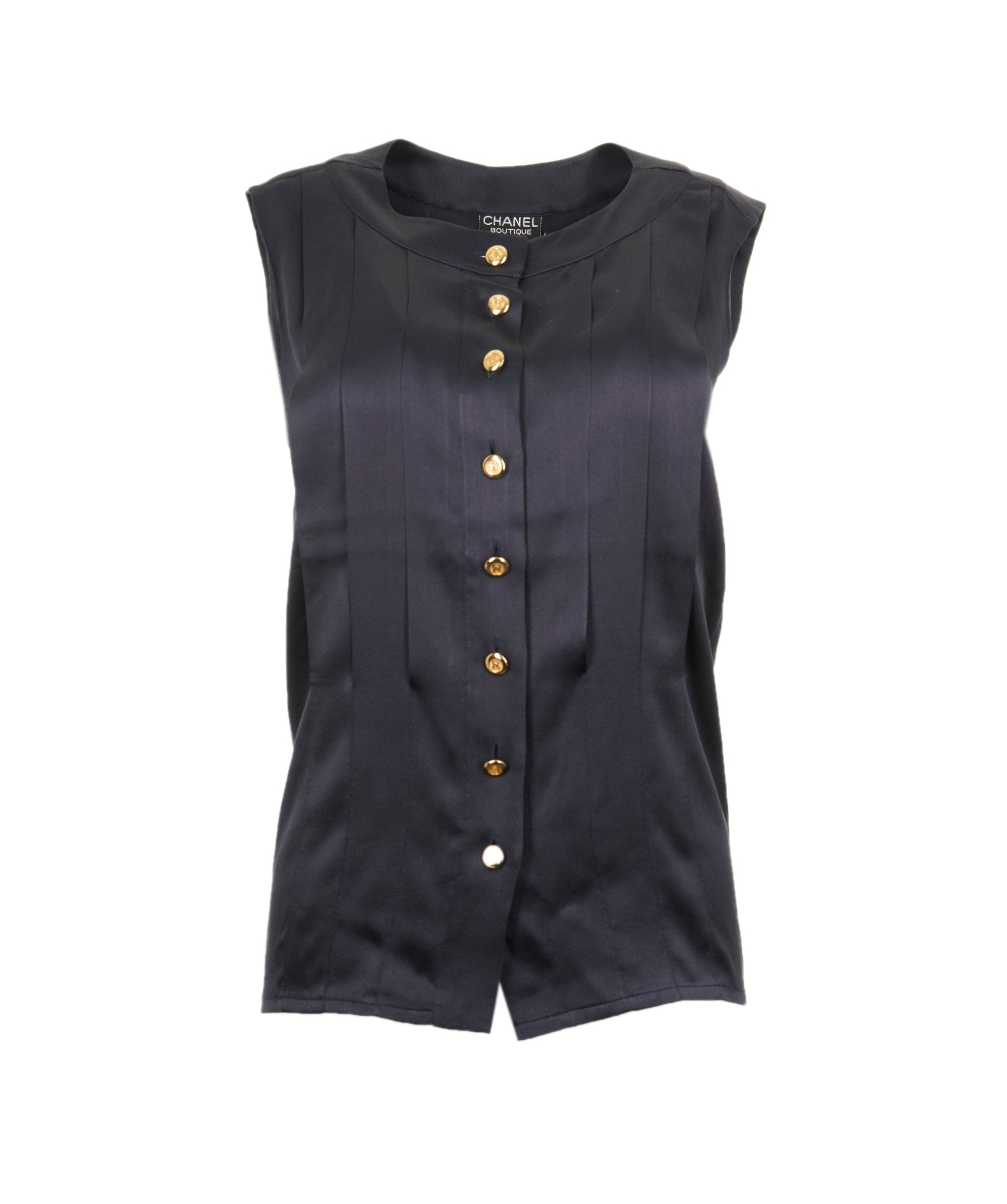 Chanel Chanel Gold CC Buttons Silk Shirt Sleeveless Navy ASL4947