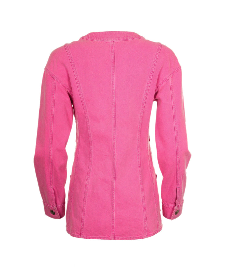 Chanel Jacket long denim neon pink with camelias 21S FR36