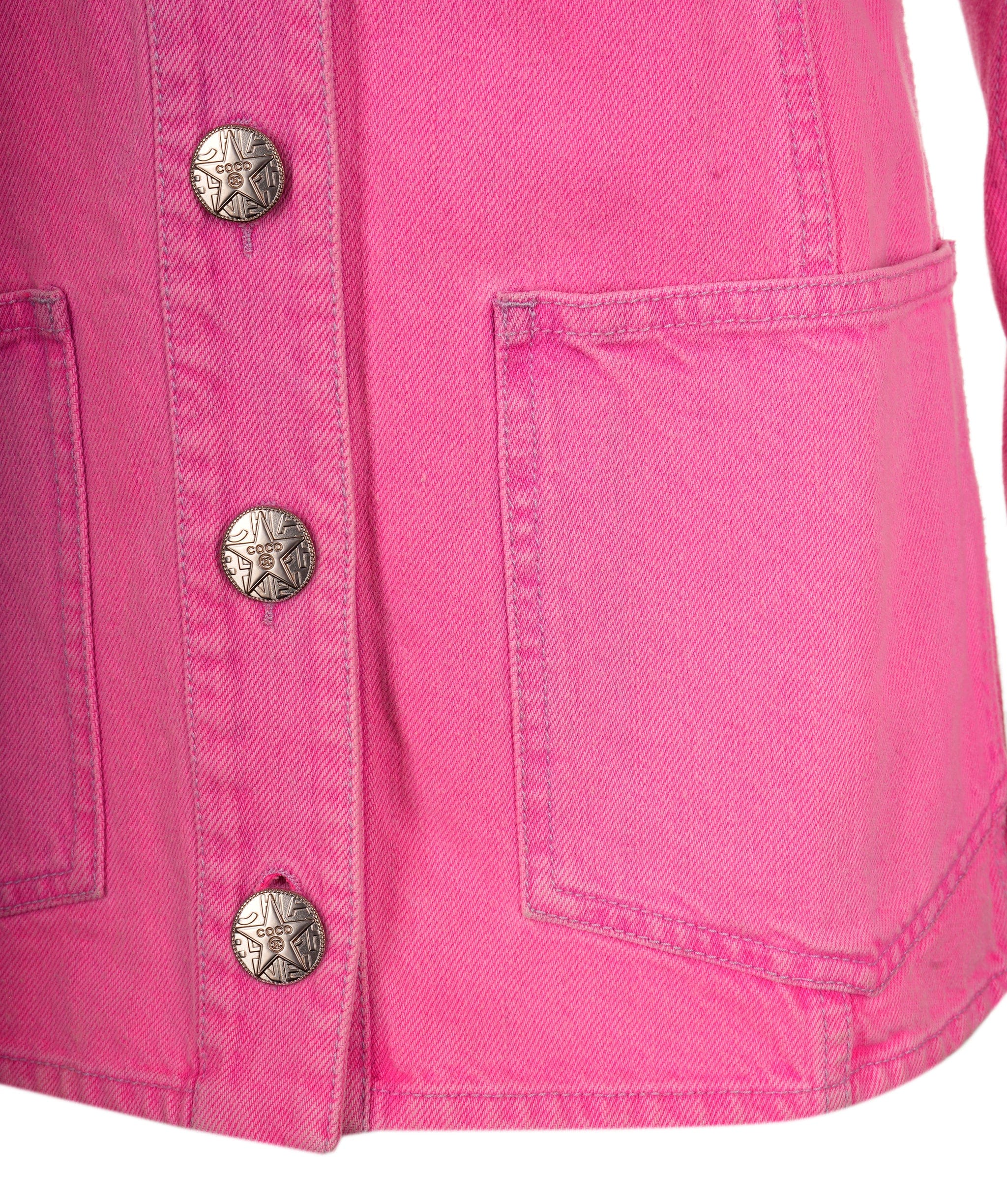 Chanel Chanel Jacket long denim neon pink with camelias 21S FR36 P70707V62121 AVC1709