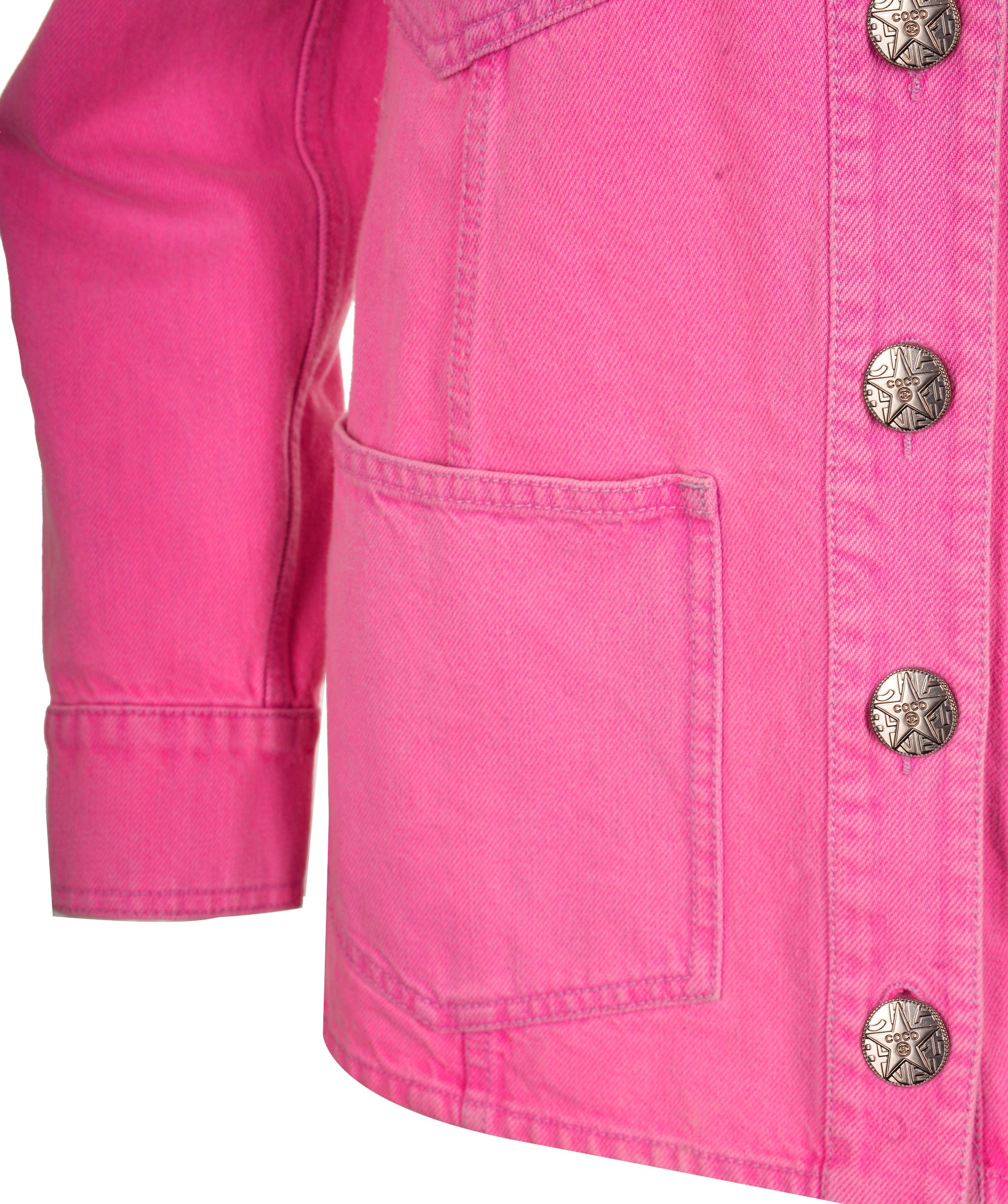 Chanel Jacket long denim neon pink with camelias 21S FR36 P70707V62121  AVC1709