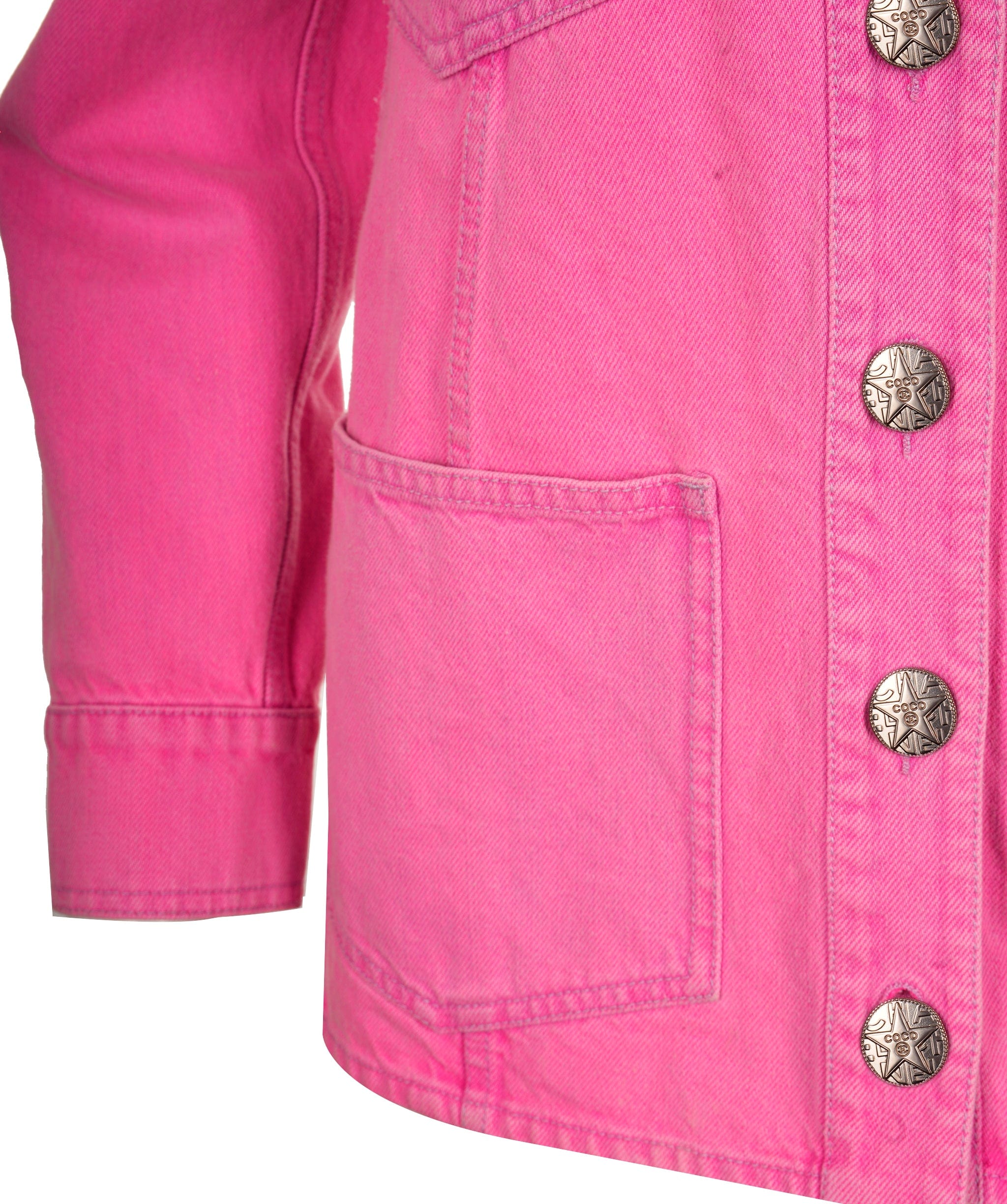 Chanel Chanel Jacket long denim neon pink with camelias 21S FR36 P70707V62121 AVC1709
