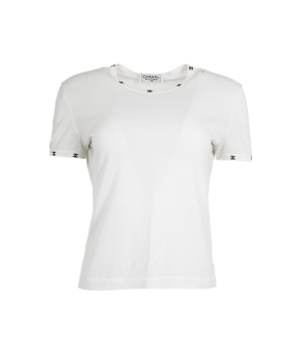 Chanel vintage white t shirt, w/ cc details along collar and short sle ...