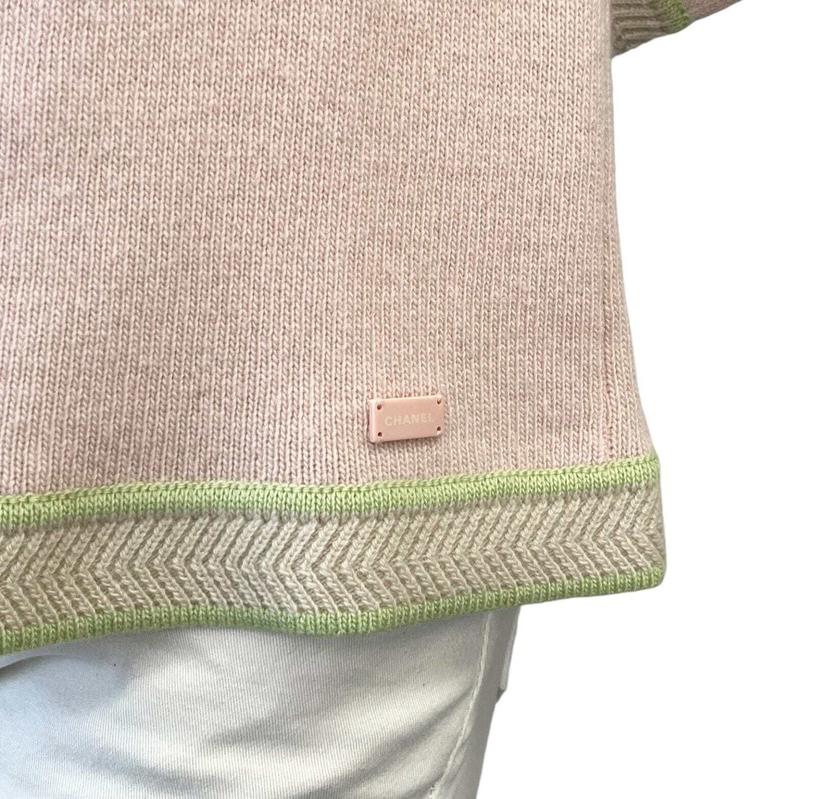 chanel CHANEL Vintage 03P Logo Knit Cardigan #42 Sweater Pink Green Cashmere Button