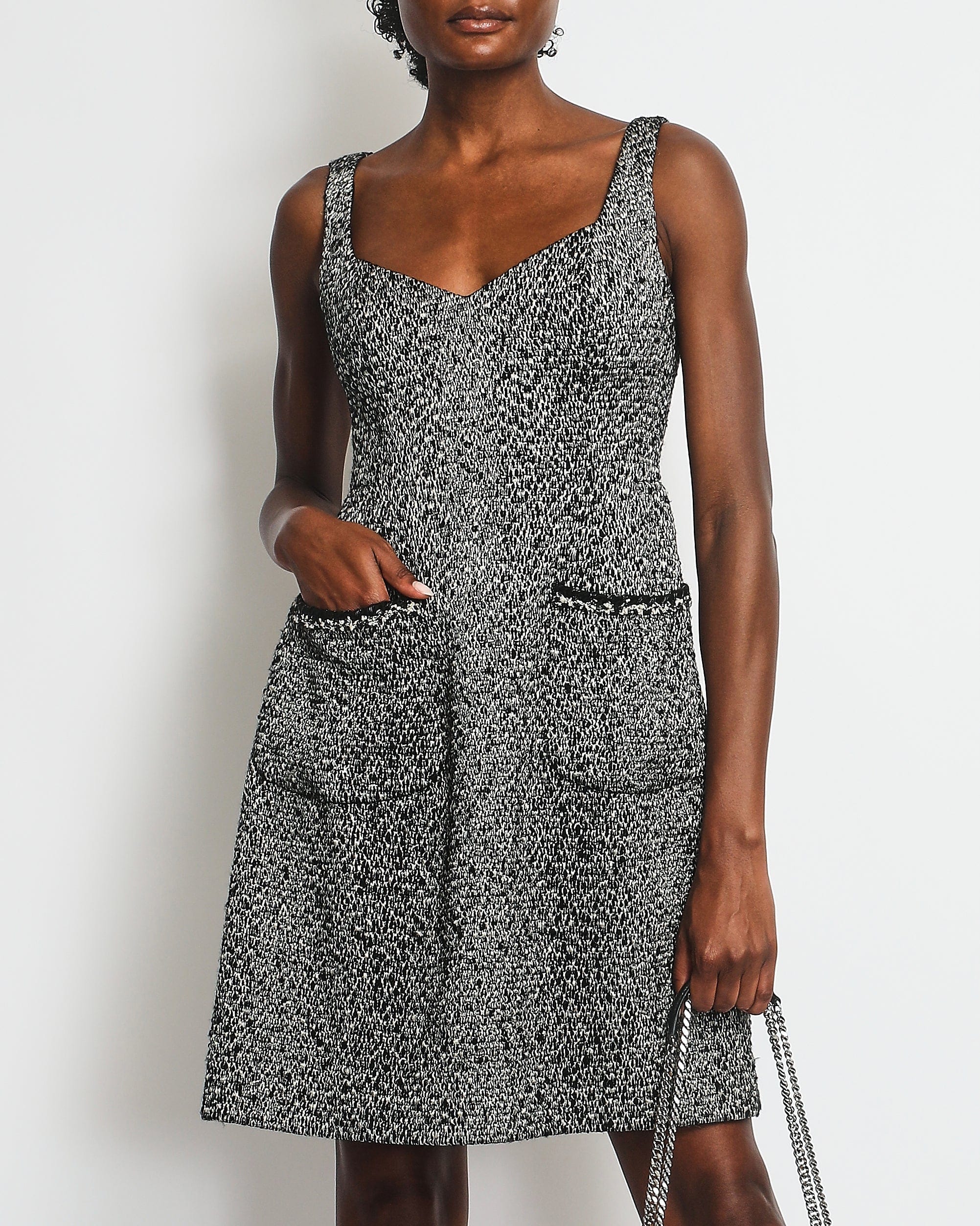 Chanel Chanel Grey and Black Tweed Sleeveless Mini Dress Size FR 38 (UK 10)