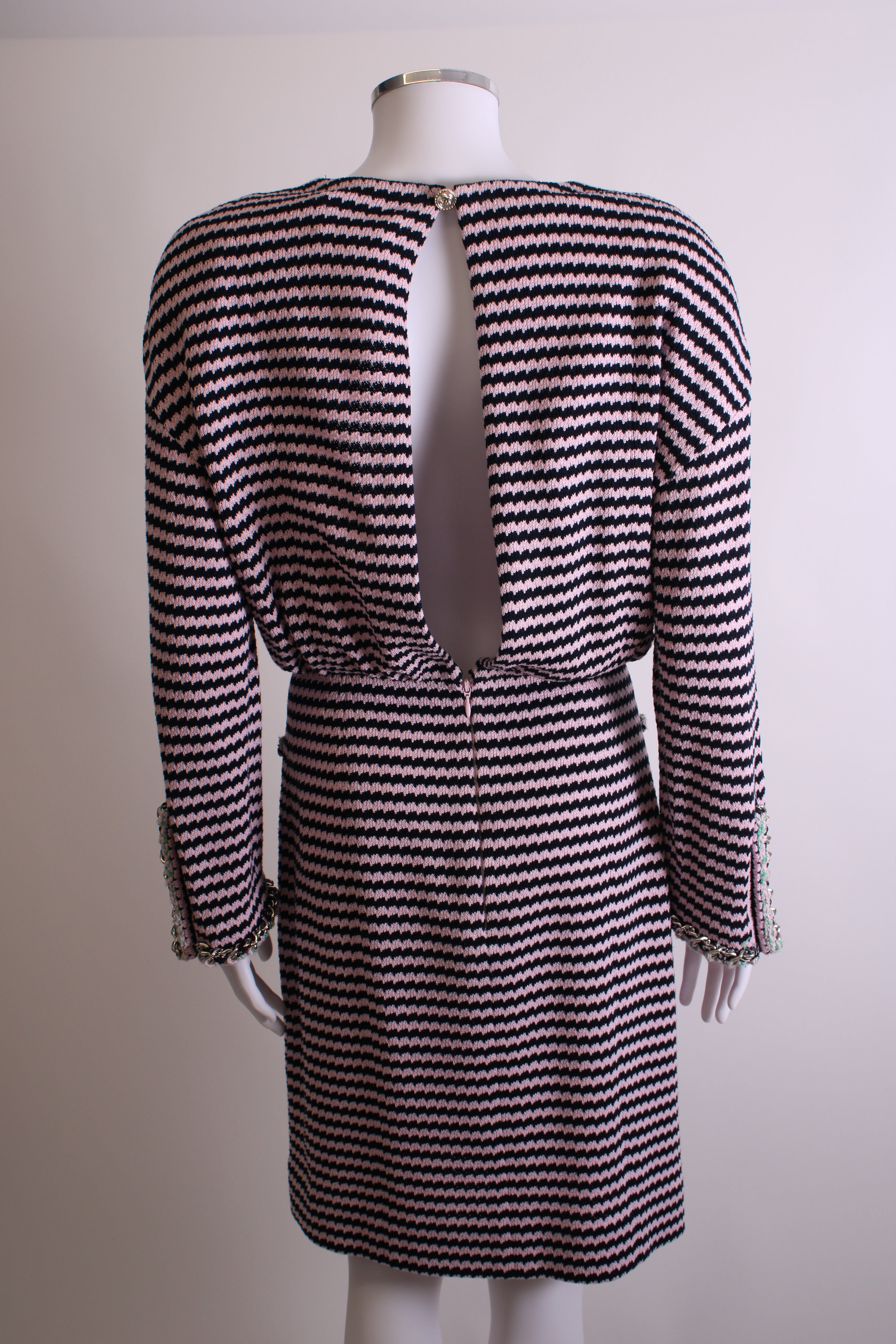 Chanel Chanel Knitted Dress with Chain Pocket Pink & Navy Stripe 38