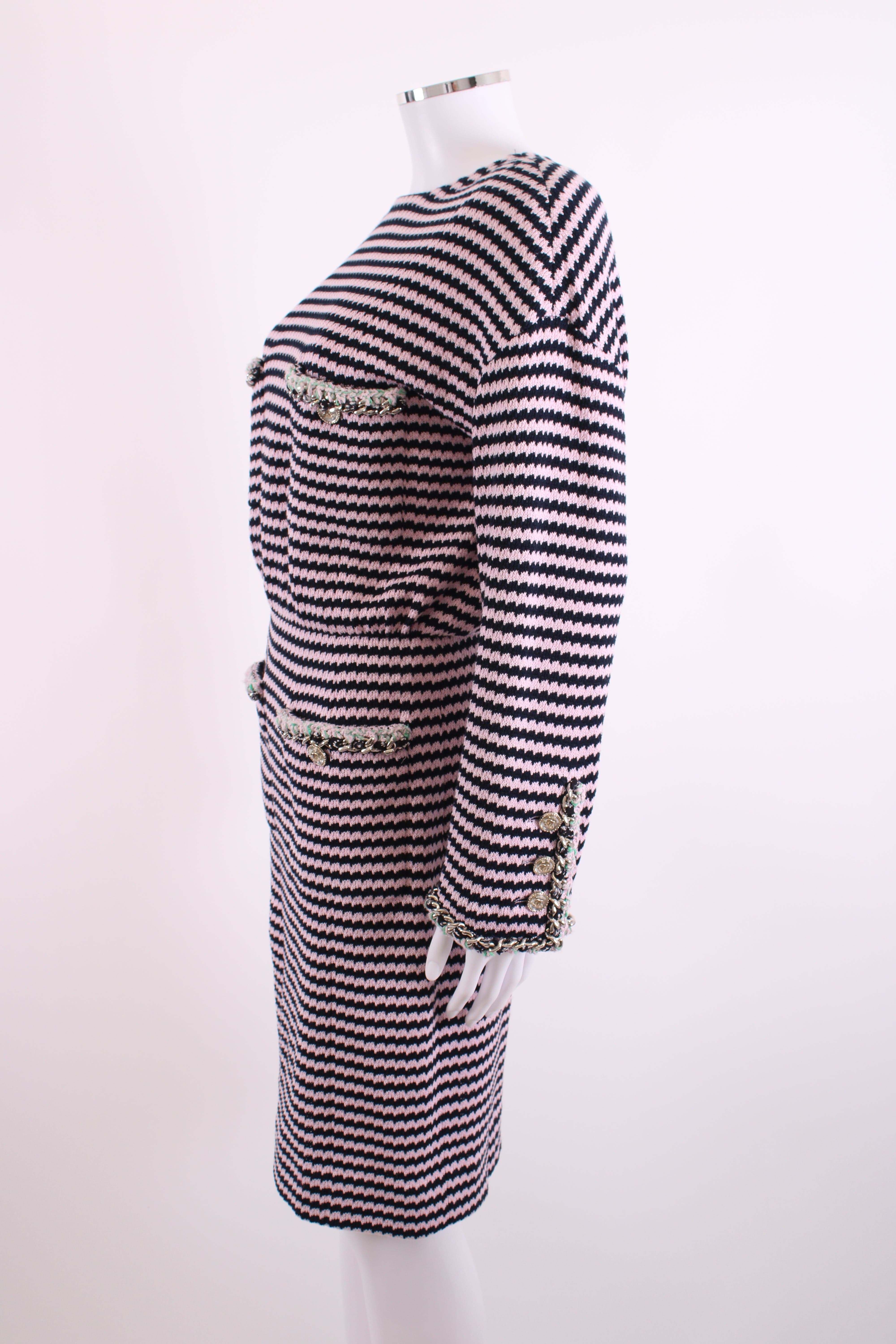 Chanel Chanel Knitted Dress with Chain Pocket Pink & Navy Stripe 38