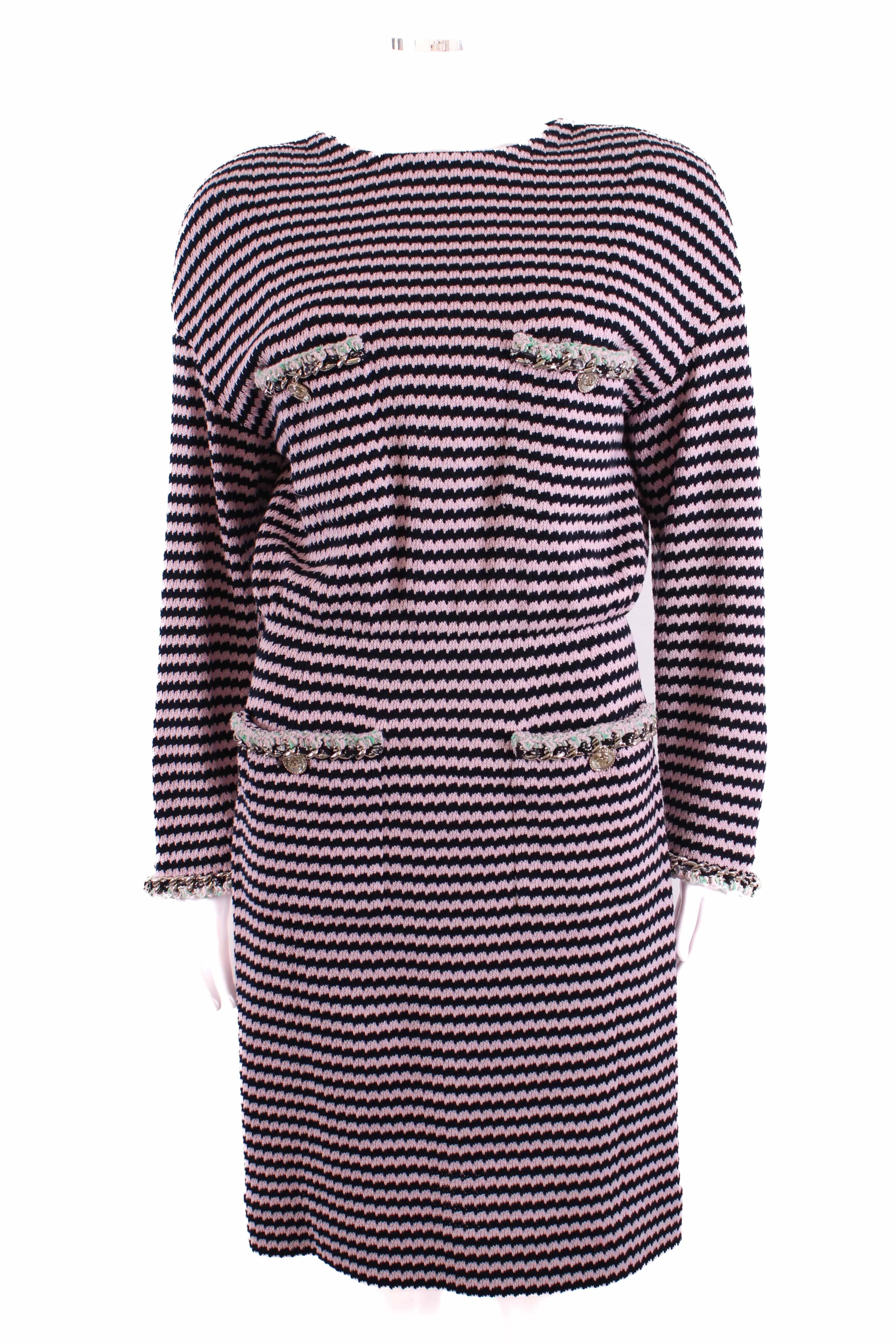 Chanel Chanel Knitted Dress with Chain Pocket Pink & Navy Stripe 38