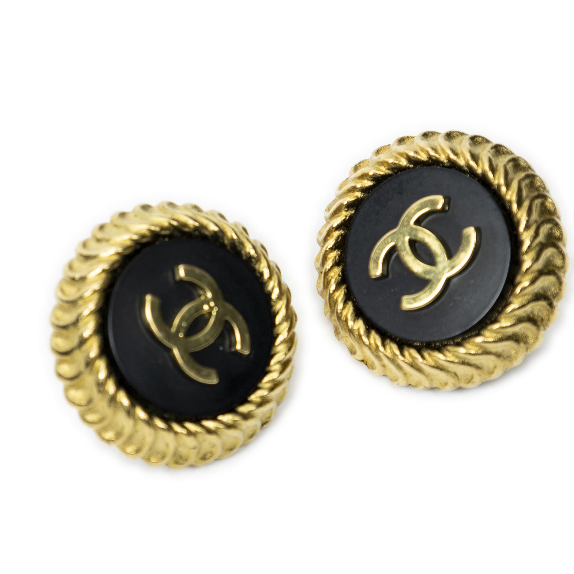 Chanel Chanel Black/Gold Stainless Steel without Nickel CC Round Clip On Earrings ABC6931