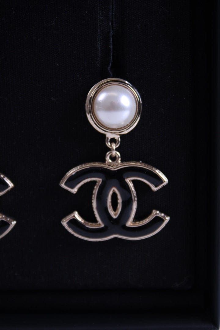 Chanel Chanel CC Faux Pearl Enamel Earrings Black/ Gold Colour