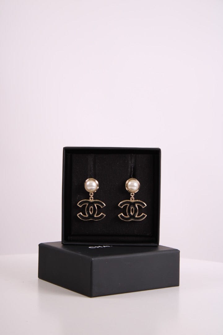 Chanel Chanel CC Faux Pearl Enamel Earrings Black/ Gold Colour