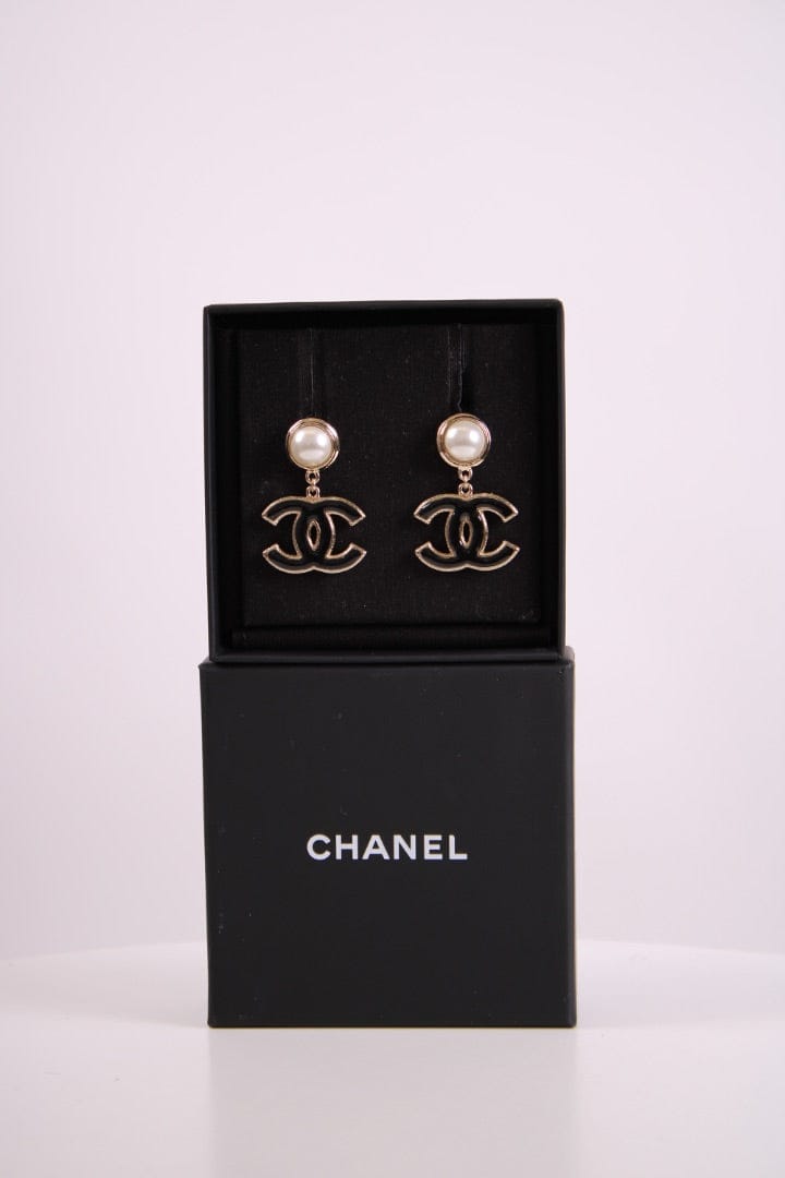 Chanel Chanel CC Faux Pearl Enamel Earrings Black/ Gold Colour