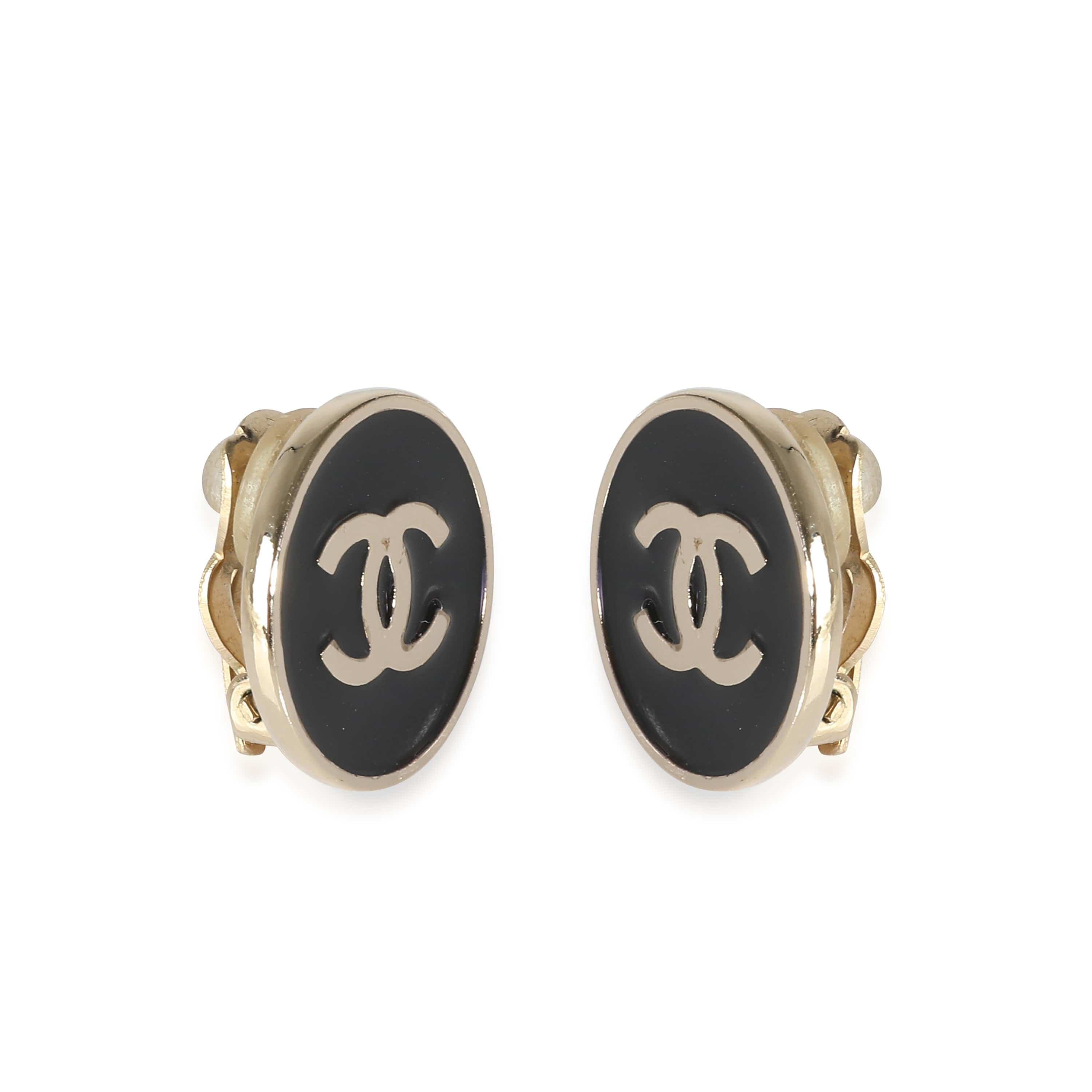 Chanel Chanel  CC Gold Tone with Black Enamel Button Earrings