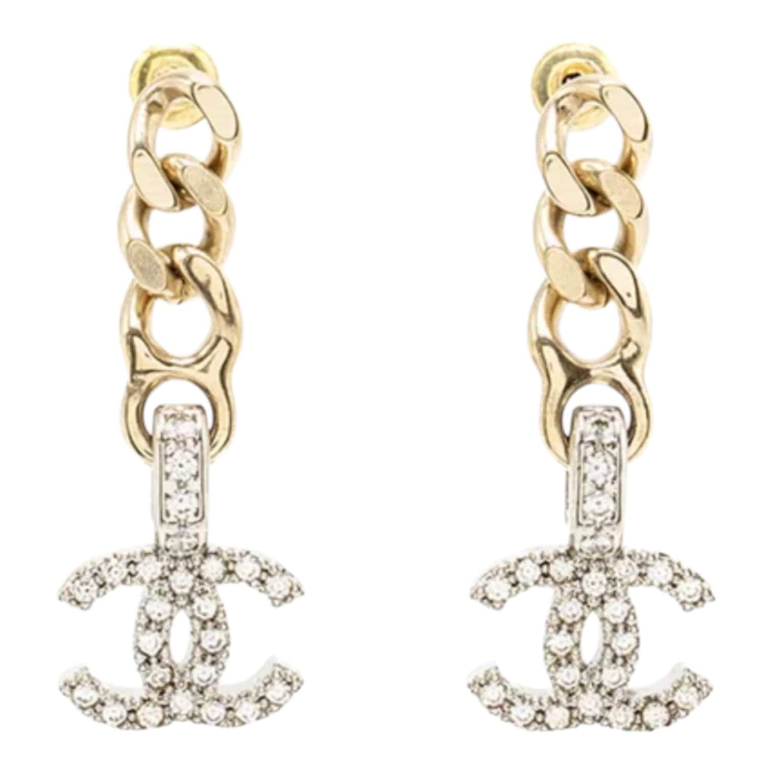 Chanel Chanel CC Logo Dropped Earrings Crystal Silver/Gold Tone