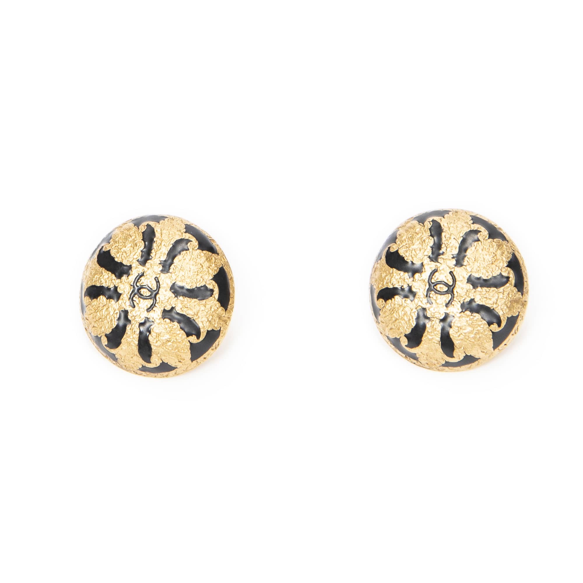 Chanel Chanel Gold/Black Stainless Steel without Nickel CC Round Clip On Earrings ABC5291