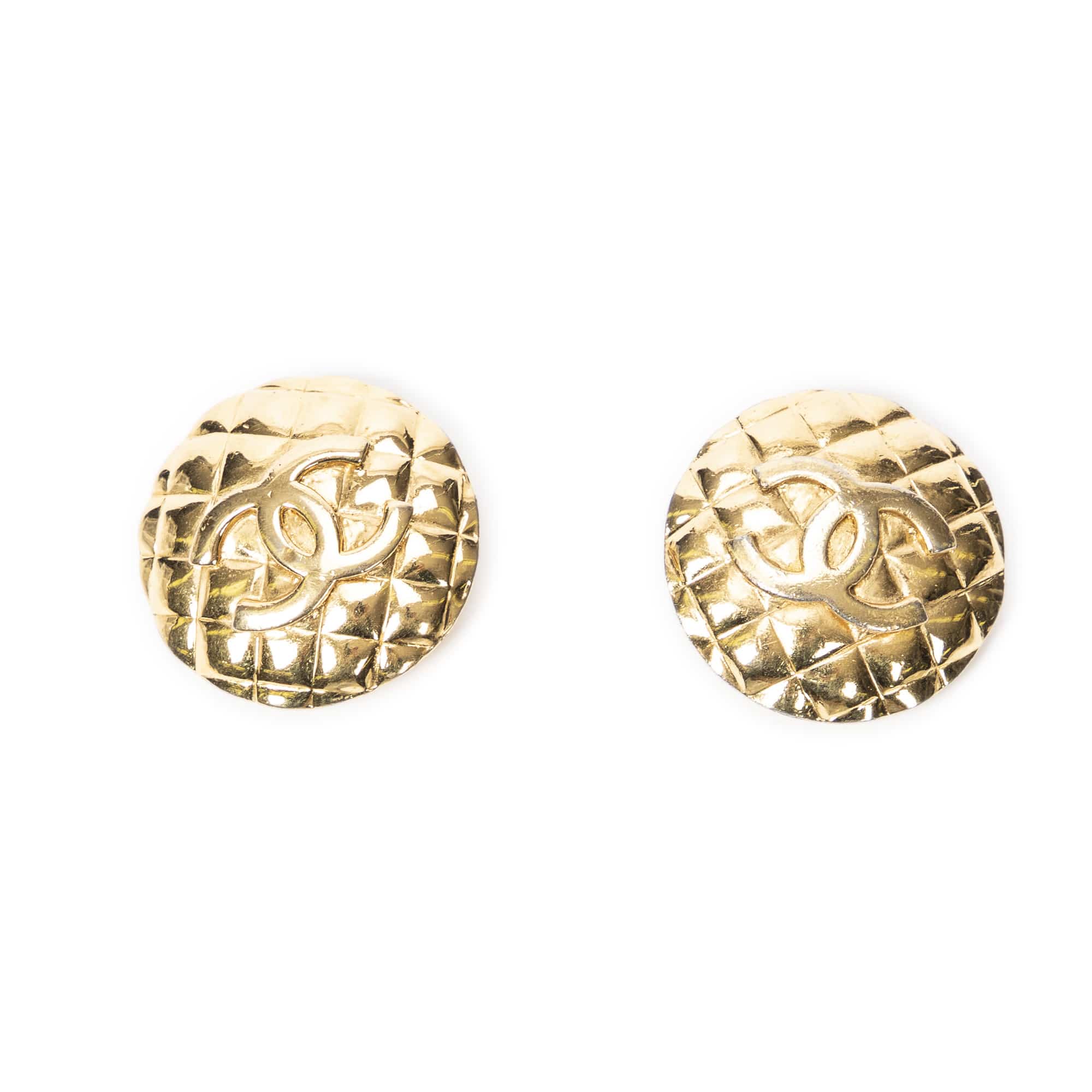 Chanel Chanel Gold Stainless Steel without Nickel CC Quilted Round Clip On Earrings ABA4617