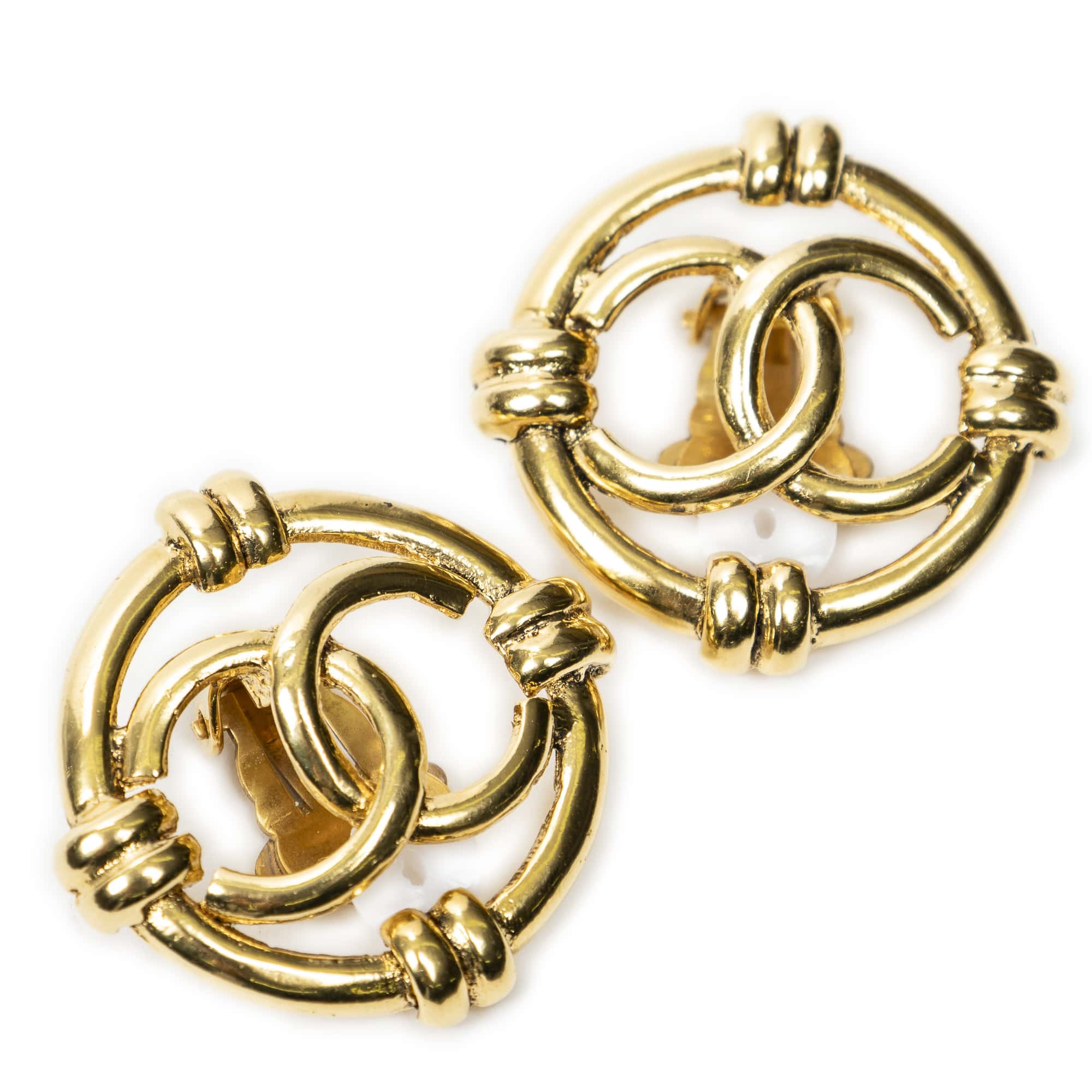 Chanel Chanel Gold Stainless Steel without Nickel CC Round Clip On Earrings ABC6578