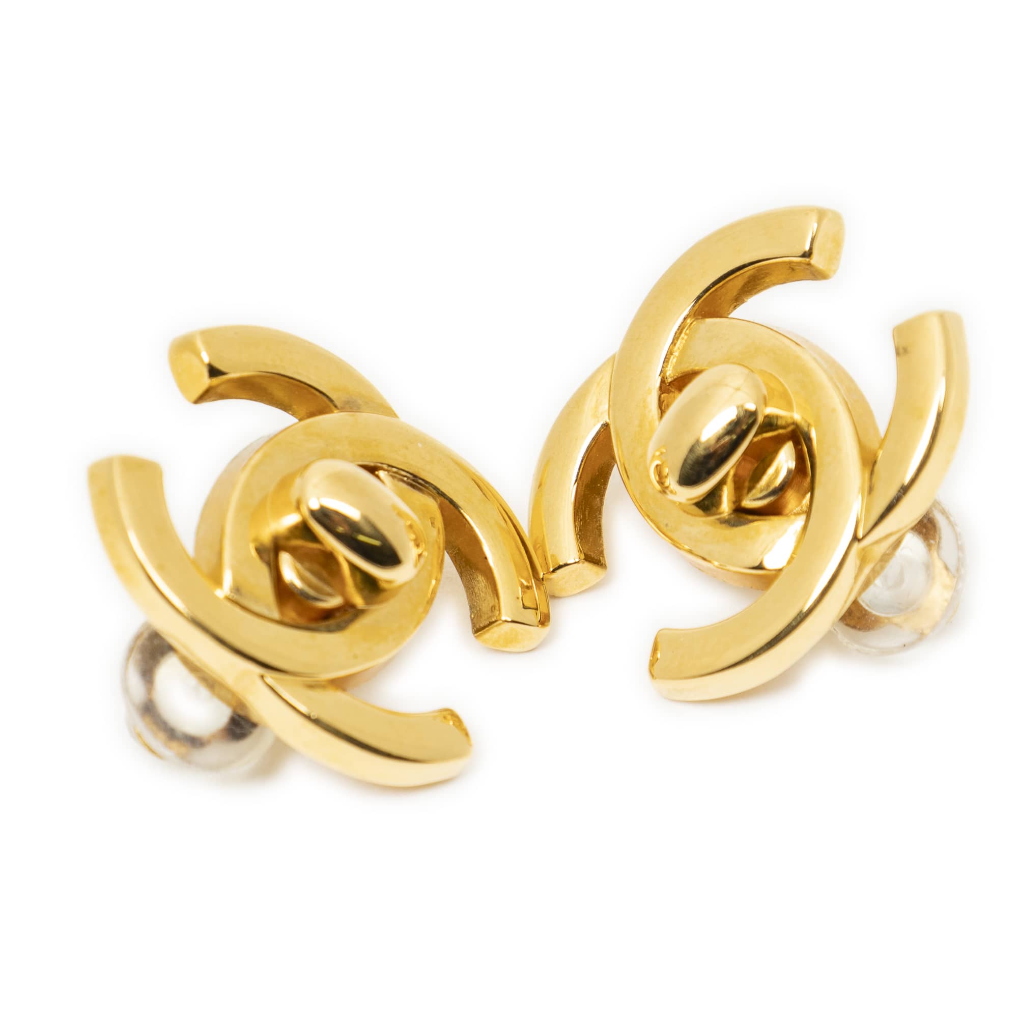 Chanel Chanel Gold Stainless Steel without Nickel CC Turn Lock Clip On Earrings ABC4610