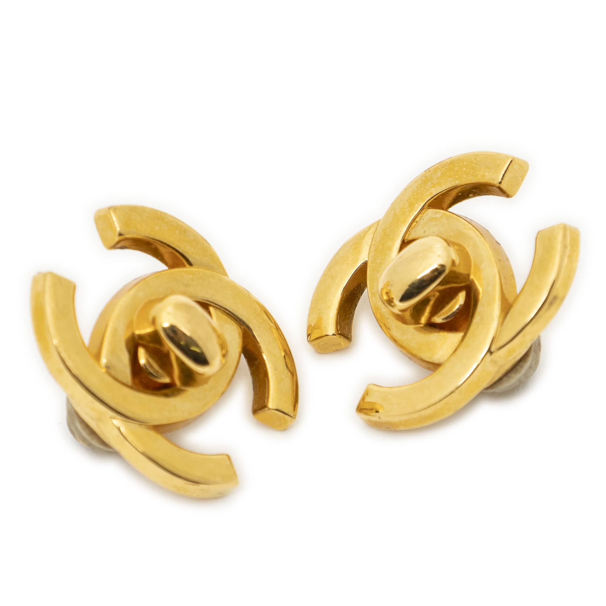 Chanel Chanel Gold Stainless Steel without Nickel CC Turn Lock Clip On Earrings ABC4611