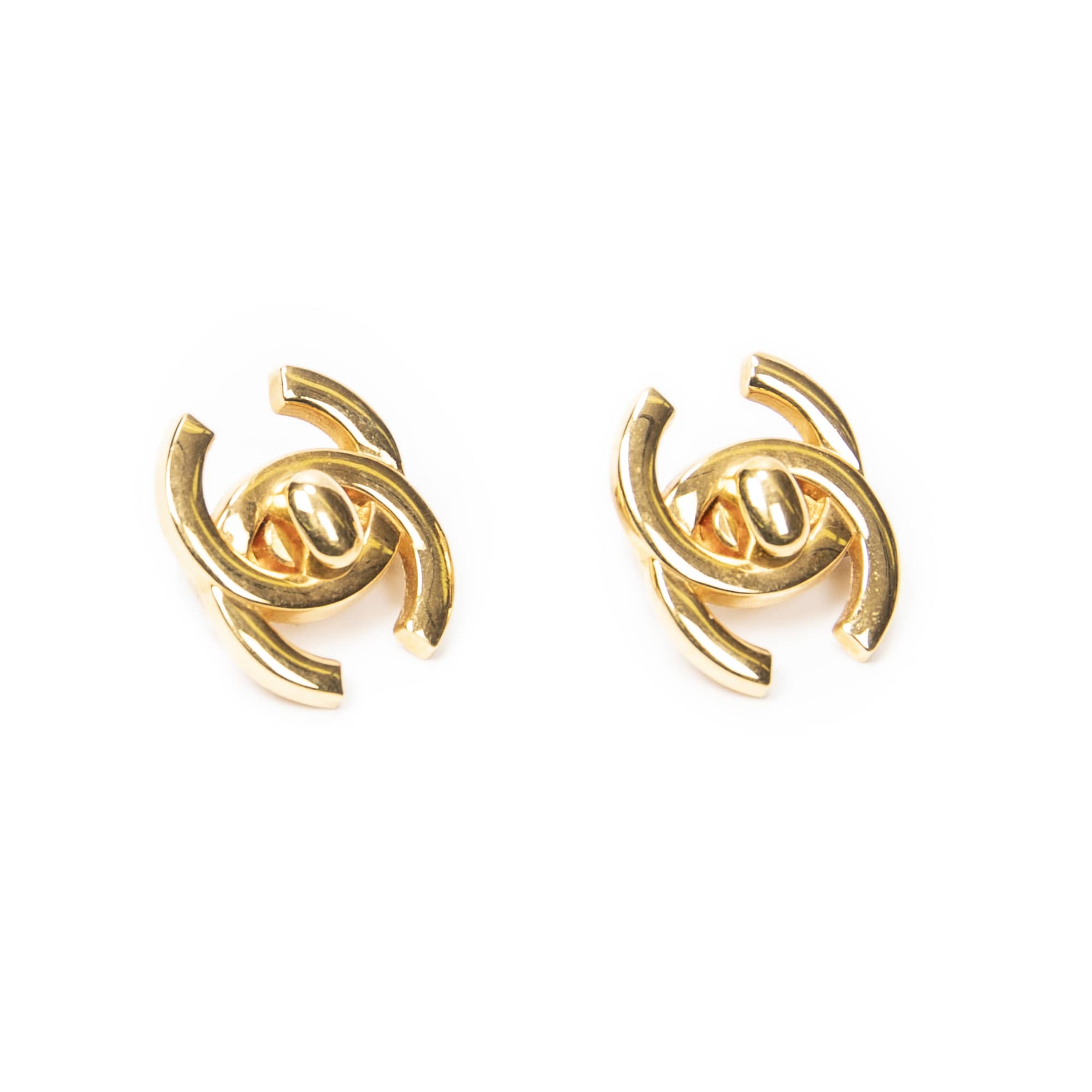 Chanel Chanel Gold Stainless Steel without Nickel CC Turn Lock Clip On Earrings ABC5823