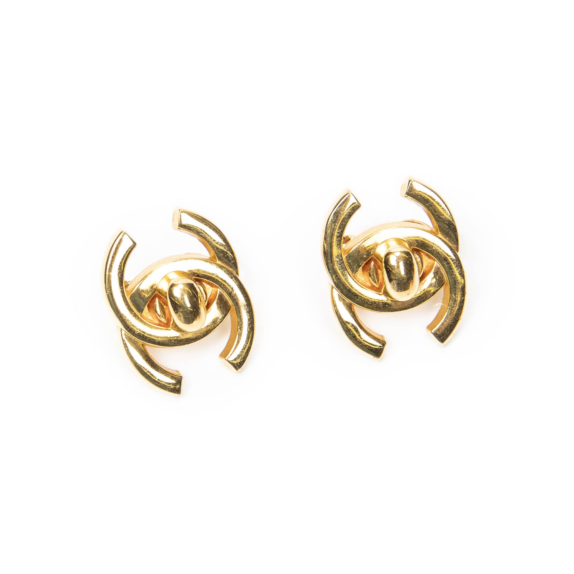 Chanel Chanel Gold Stainless Steel without Nickel CC Turn Lock Clip On Earrings ABC5832
