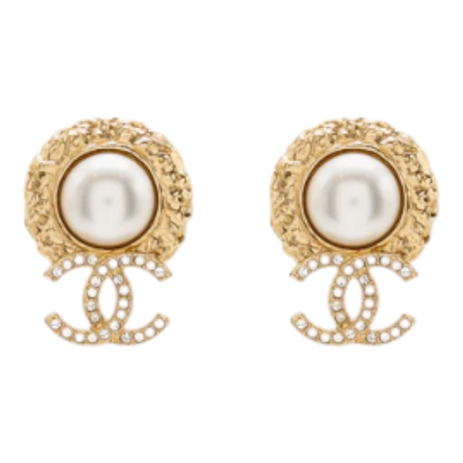 Chanel Chanel Round Pearl Crystal CC Earrings Gold Tone