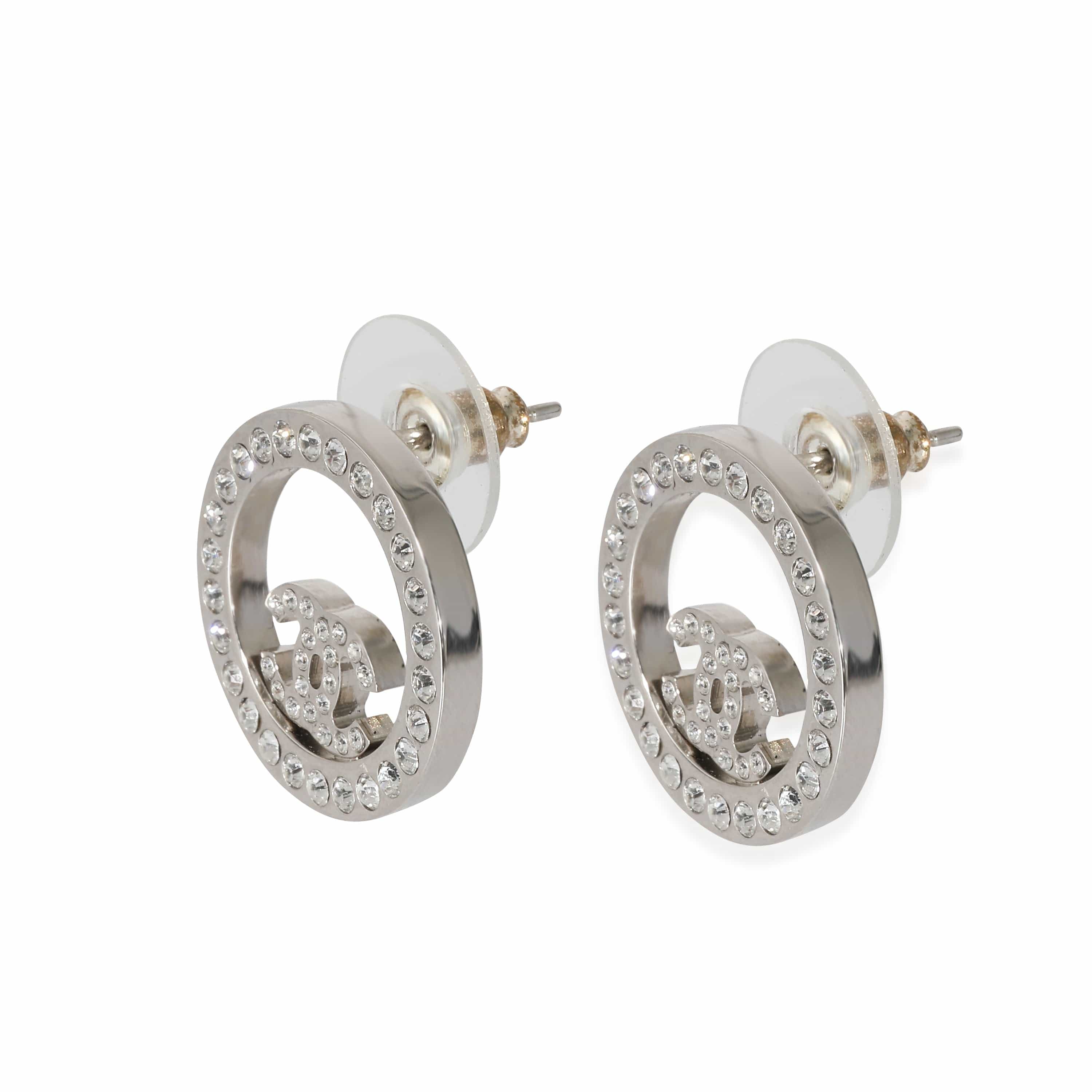 Chanel Silver Tone Chanel 2021 CC Strass Earrings