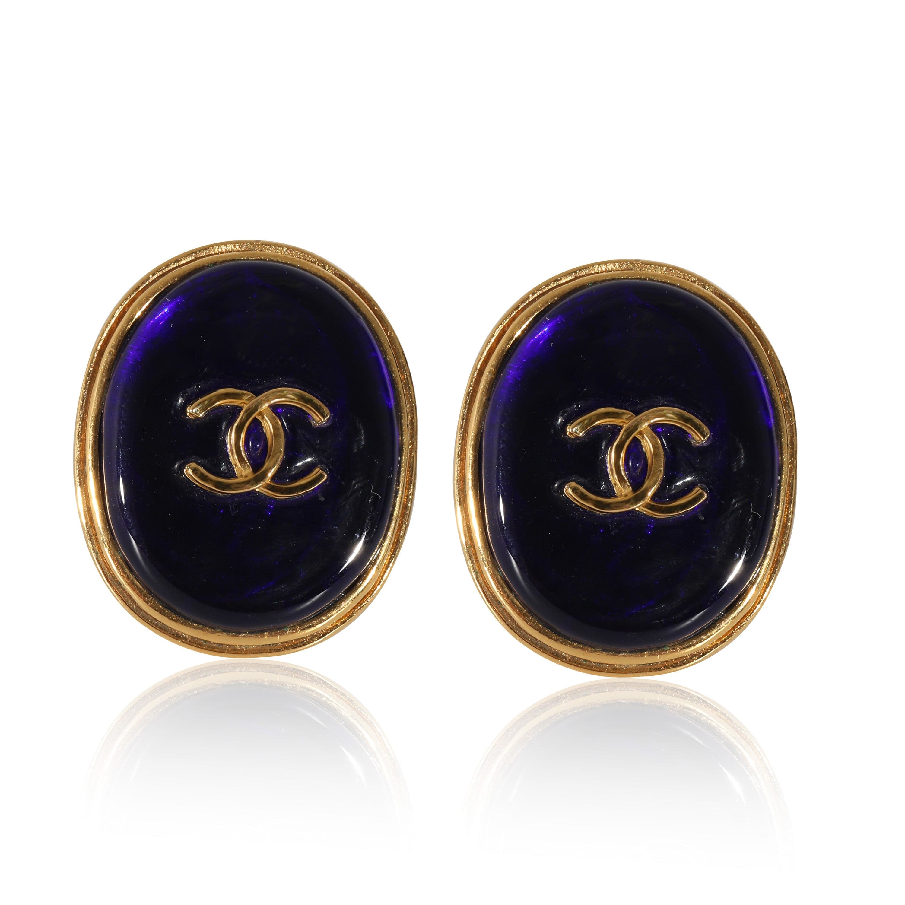 Chanel Vintage Chanel 1993 Gold Tone CC Navy Blue Resin Clip On Earrings