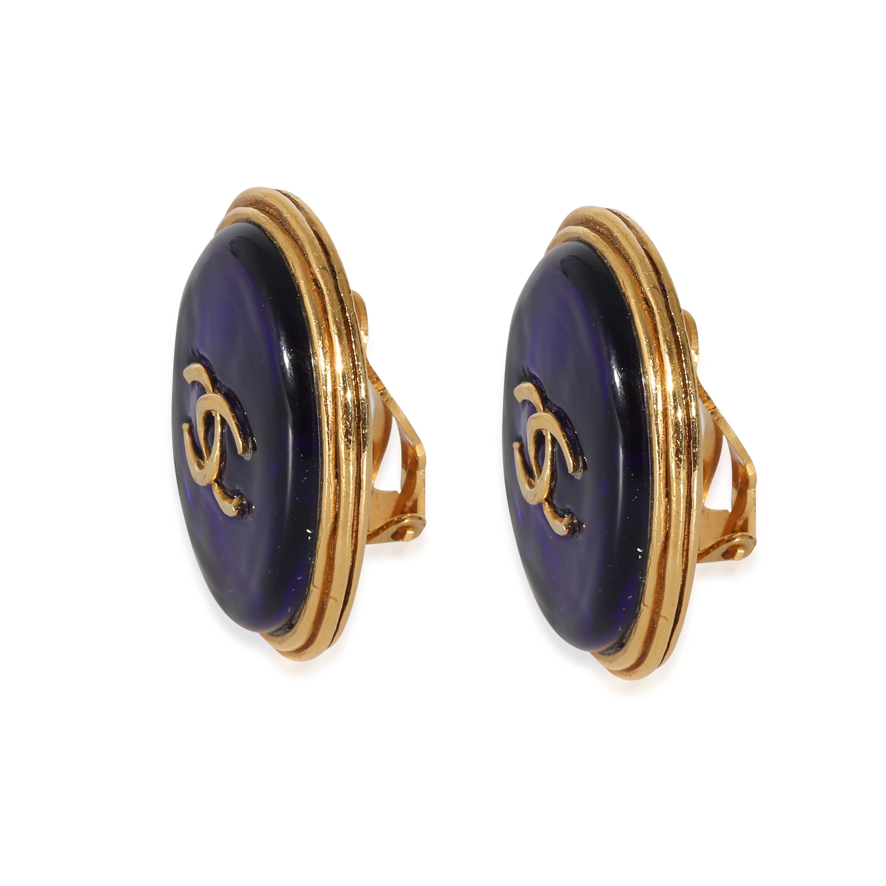 Chanel Vintage Chanel 1993 Gold Tone CC Navy Blue Resin Clip On Earrings