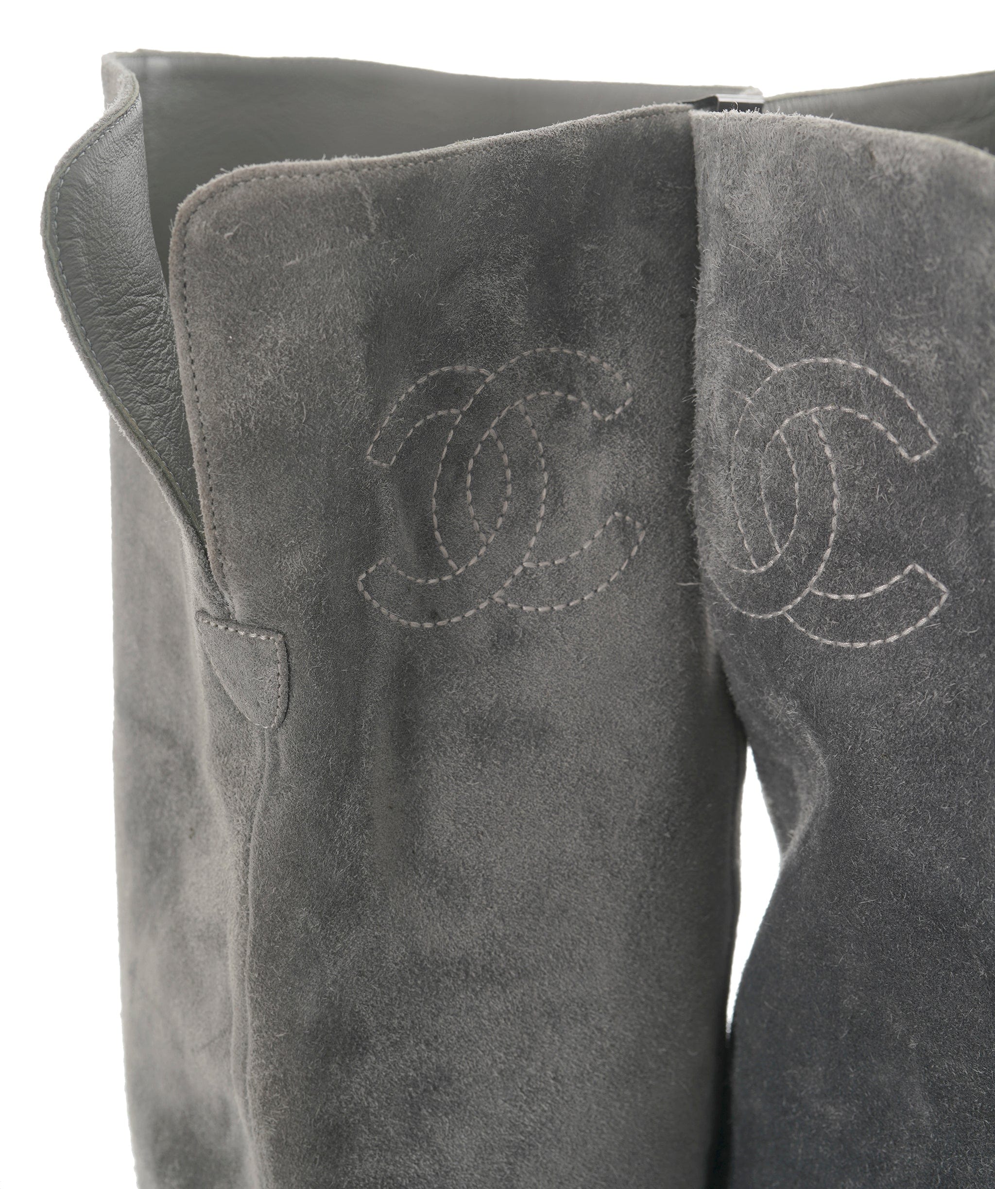 Chanel Chanel Grey Knee High Suede Boots 40  ALC1835