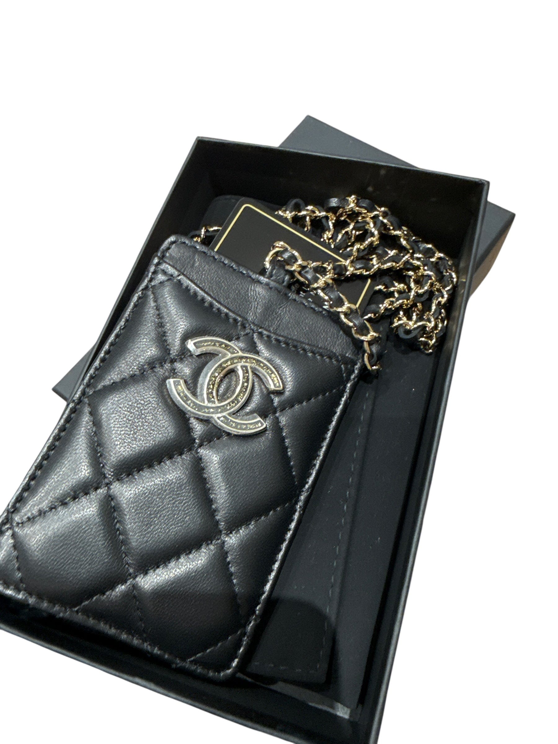 Chanel Chanel Black Card Holder on Chain - in Box