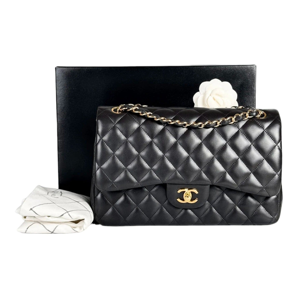 Chanel Chanel Black Classic Flap Jumbo Bag with Gold Hardware - Full Set