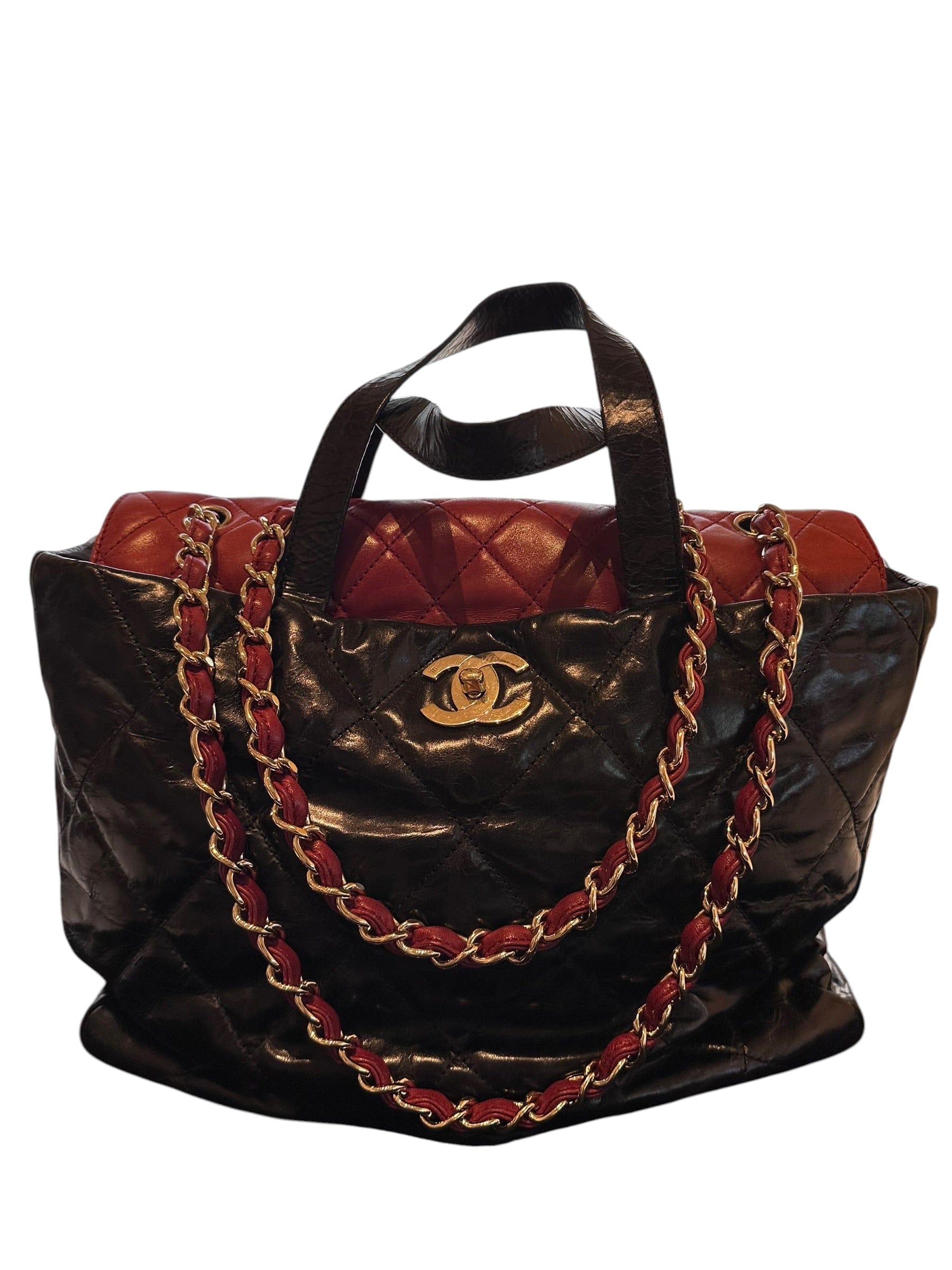 Chanel Chanel Black Lambskin Tote with Burgundy Flap
