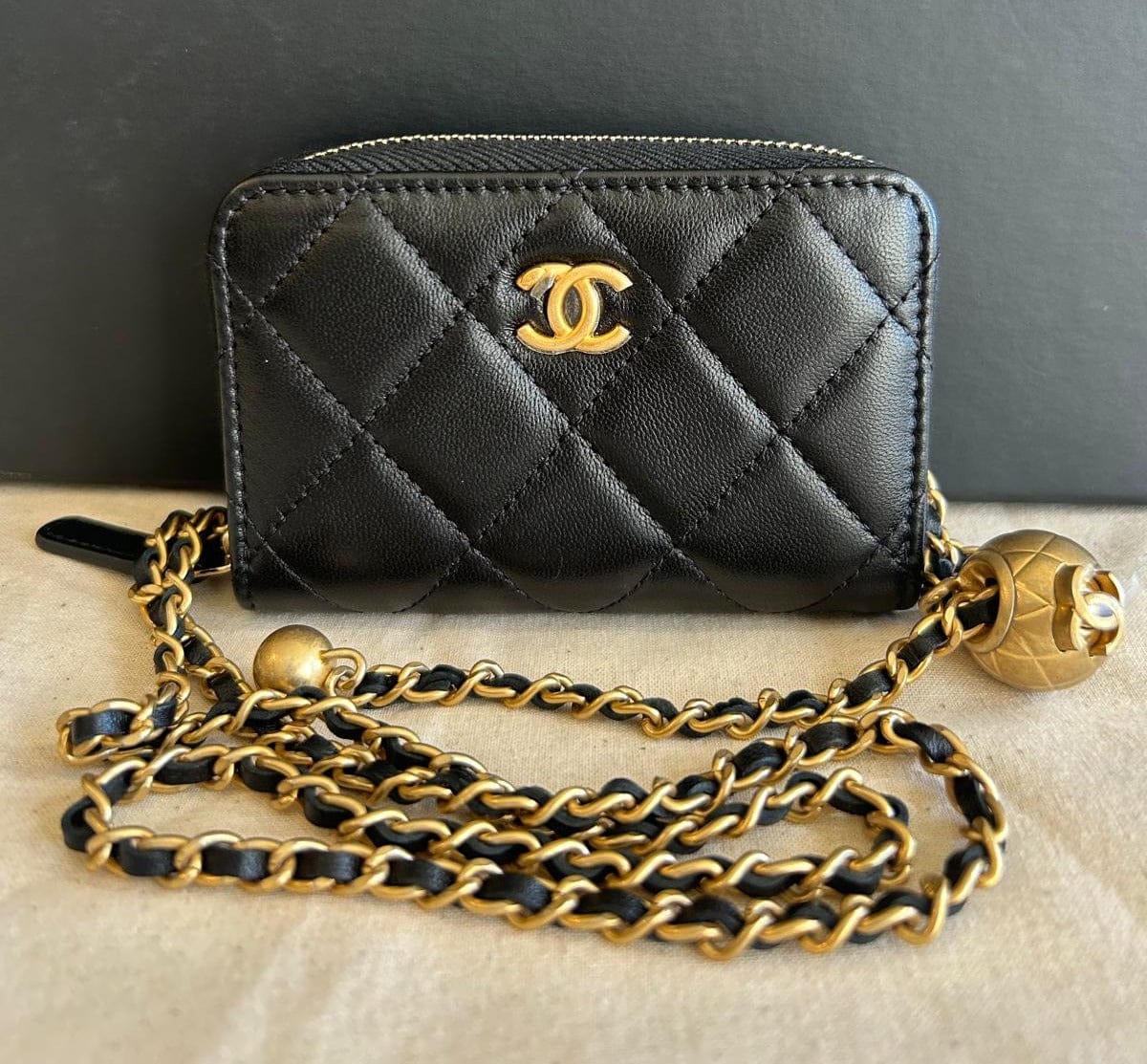 Chanel Chanel Black Mini Card Wallet with Zip on Chain