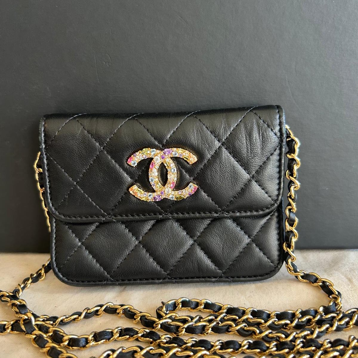 Chanel Chanel Black Mini with CC Rhinestones on Gold Chain
