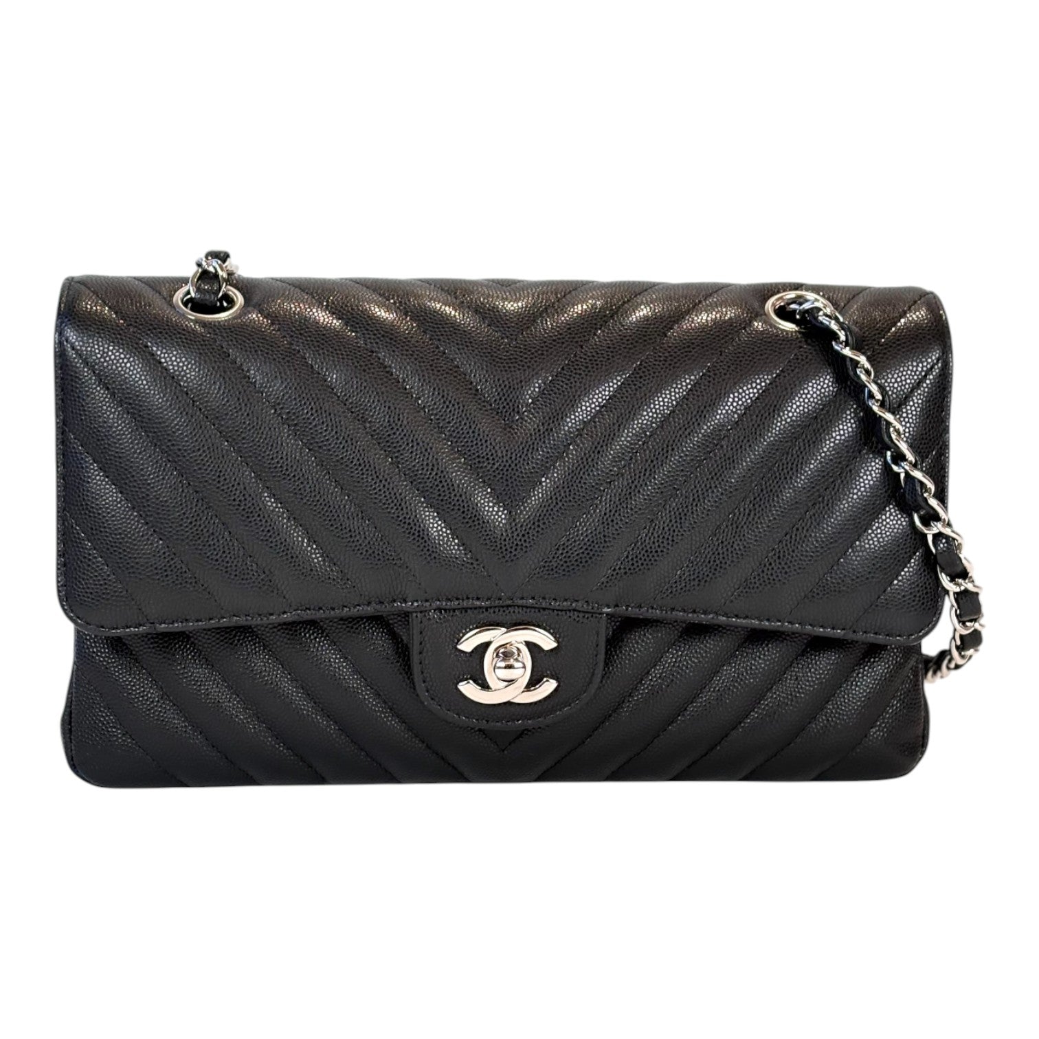 Chanel Chanel Classic Flap Medium Black Silver Chevron in Caviar Bag