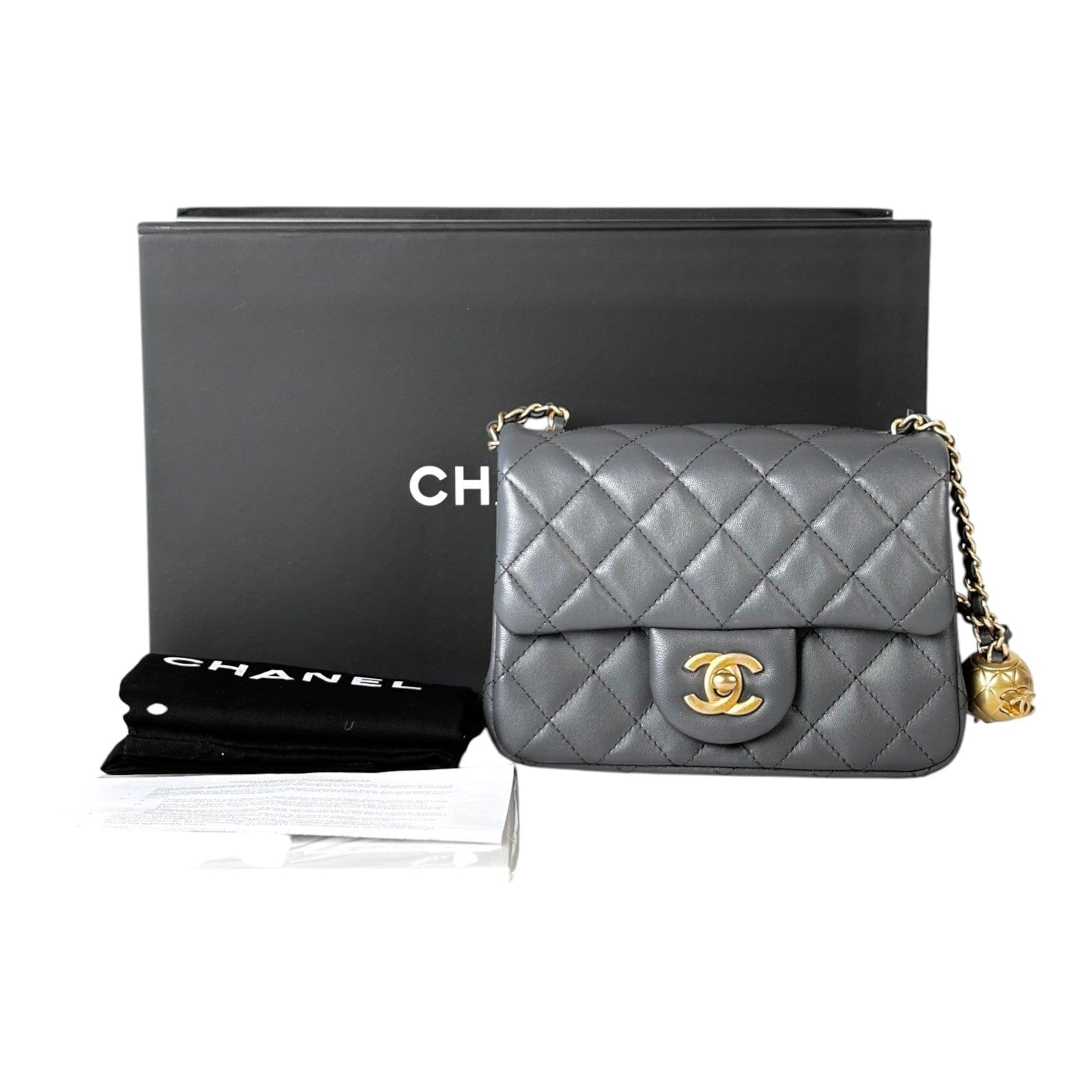 Chanel Chanel Grey Pearl Crush Mini Square Classic Flap in Lambskin - Full Set