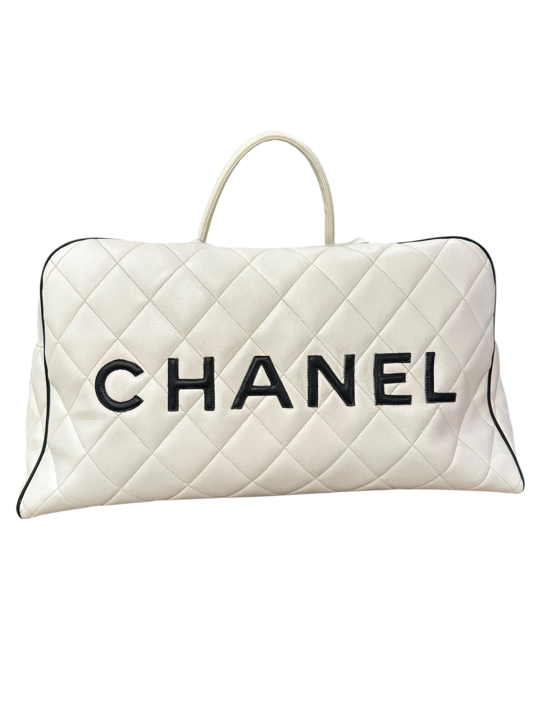 Chanel Chanel Vintage Bowler Bag White with Black Chanel Logo