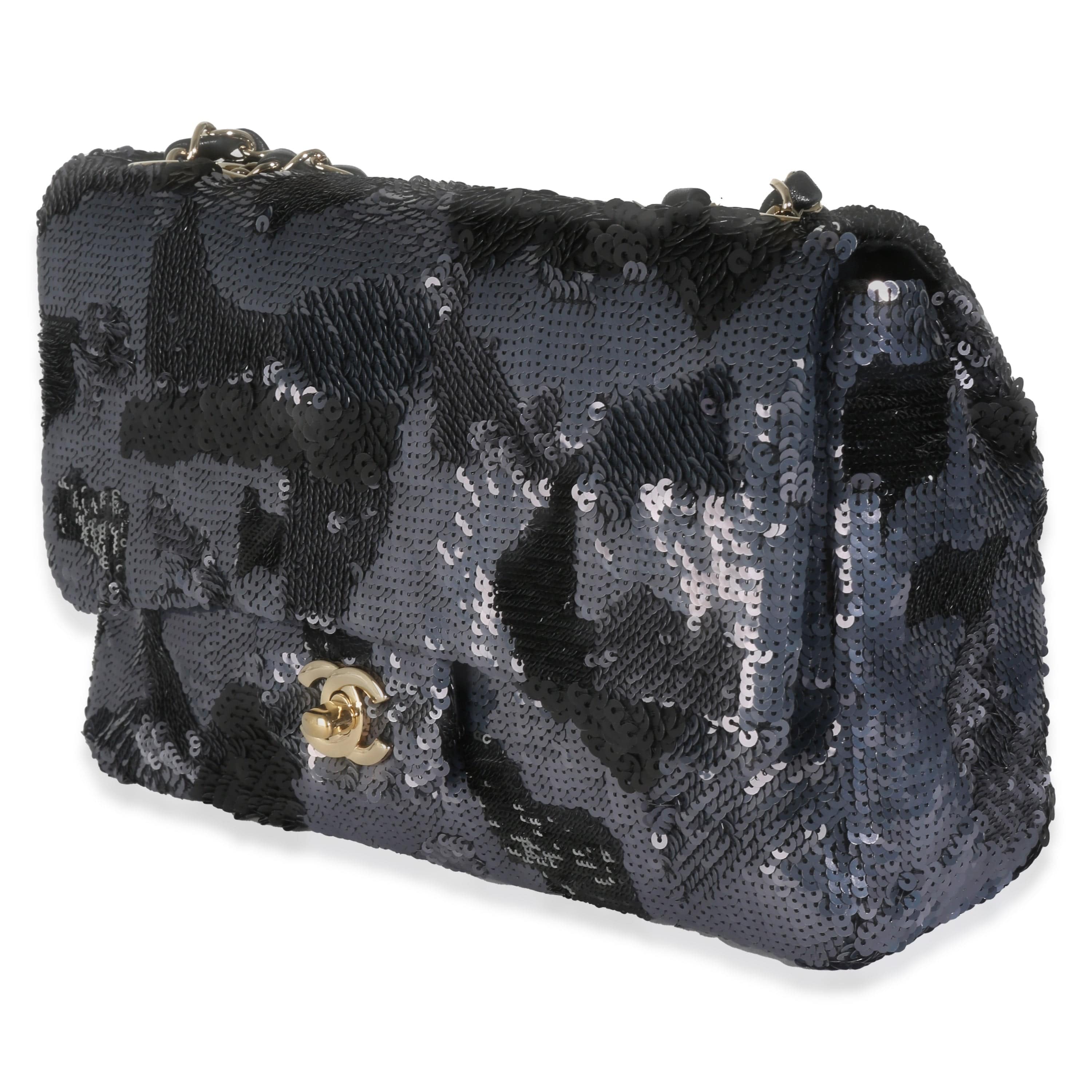 Chanel Black Navy Camo Sequin Medium Single Flap Bag