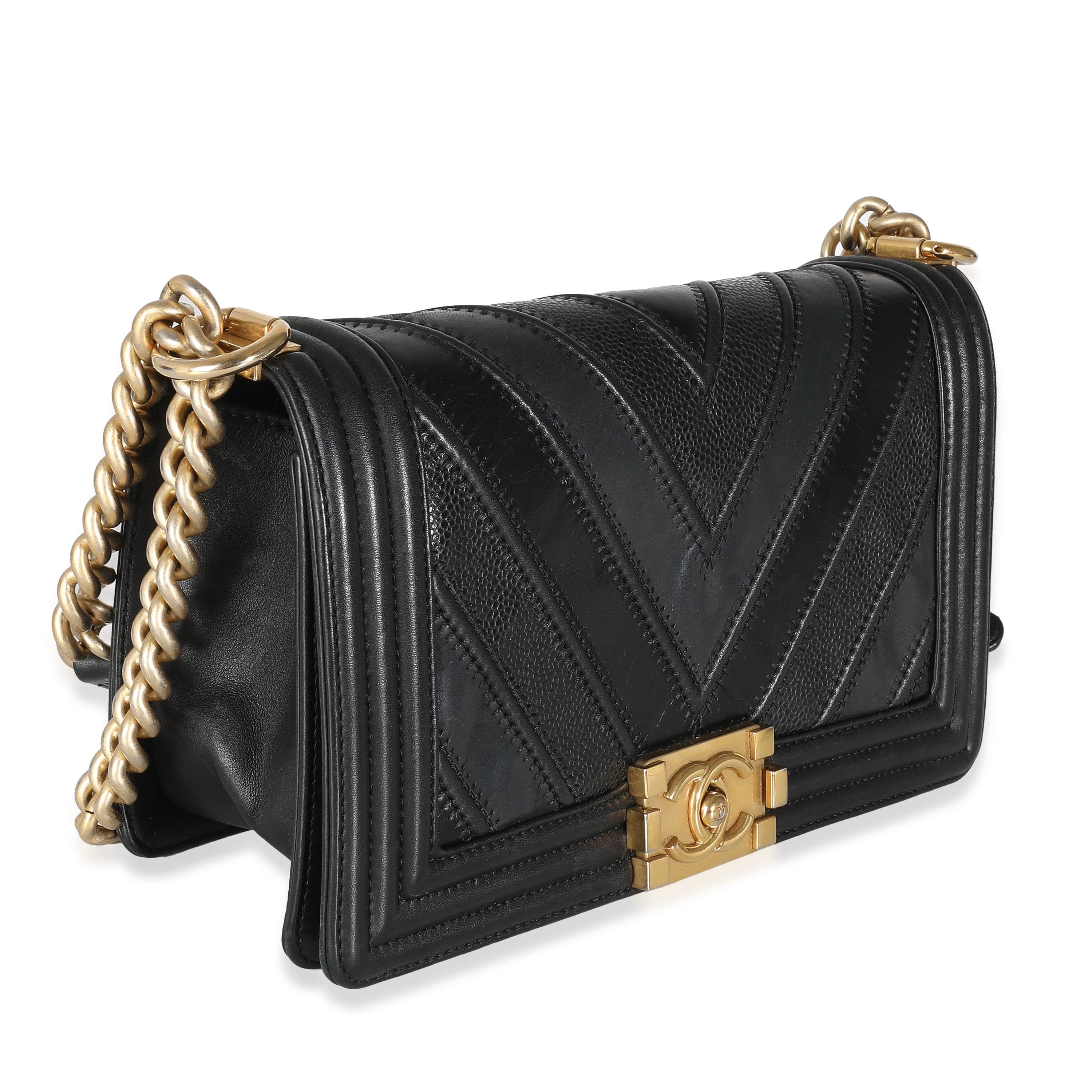 Chanel Chanel Black Calfskin Caviar In The Mix Chevron Old Medium Boy Bag